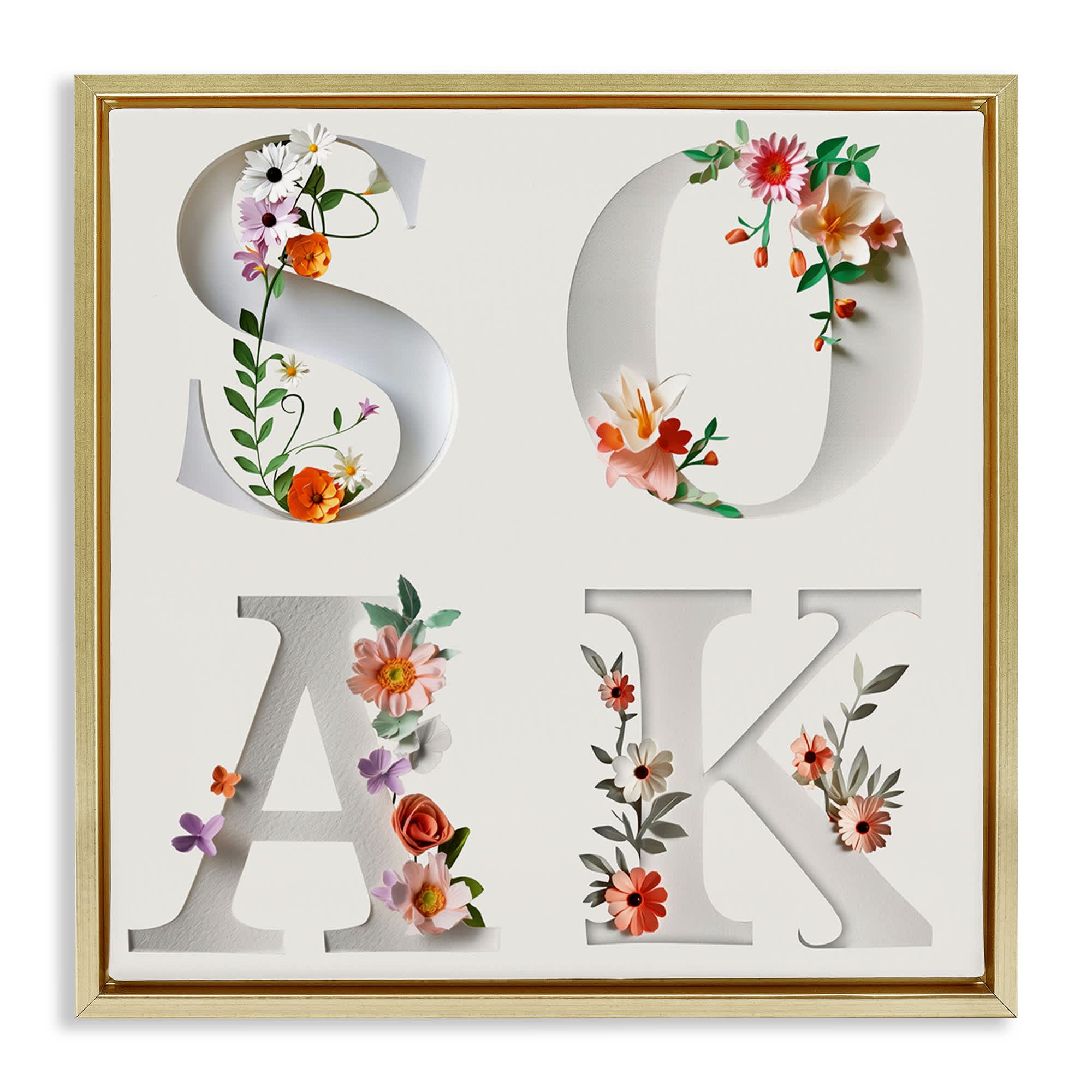 Stupell Industries BT-970-FFG-24X24 Floral Bathroom Soak Letters Gold Framed Floater Canvas Wall Art By Susan Arnot 25 x 25