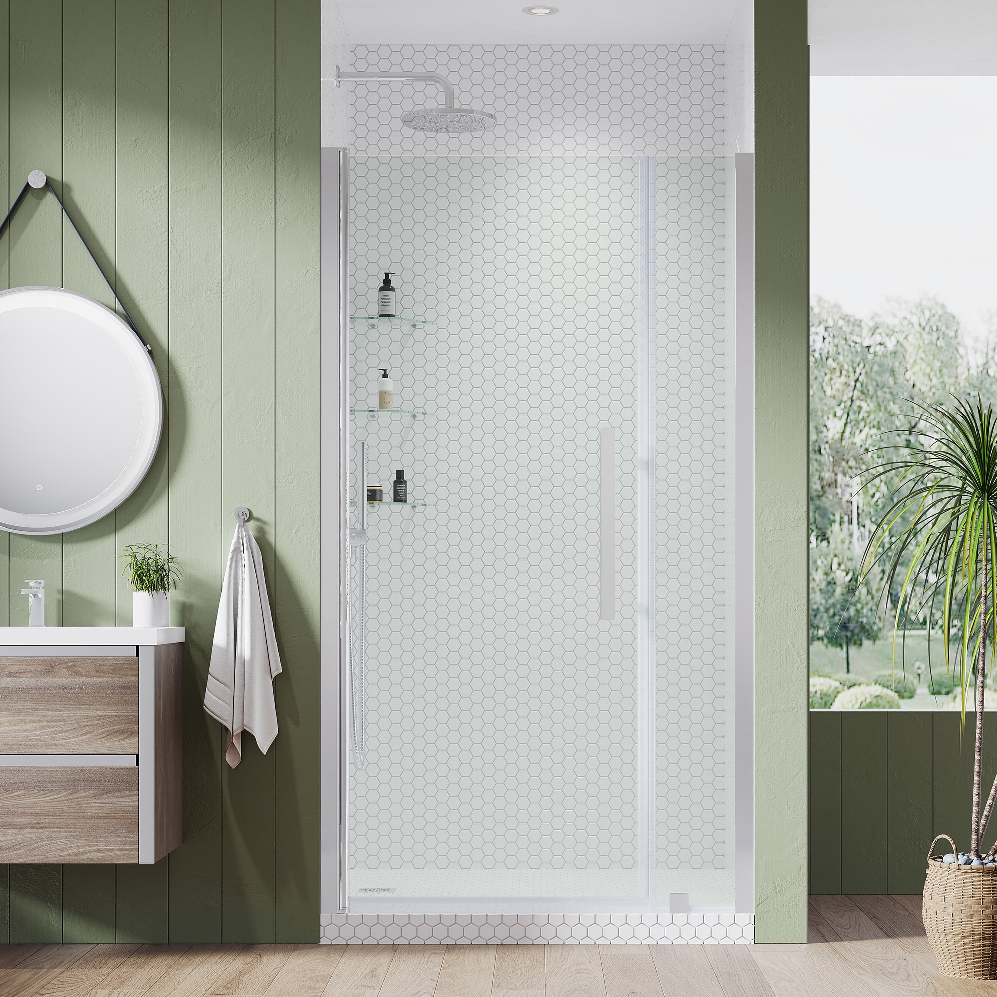 OVE Decors 828796065580 Pasadena Polished chrome 41-7/16-in to 43-3/8-in W x 72-Inches H Frameless Pivot Shower door 5/16-in Thick Clear Glass