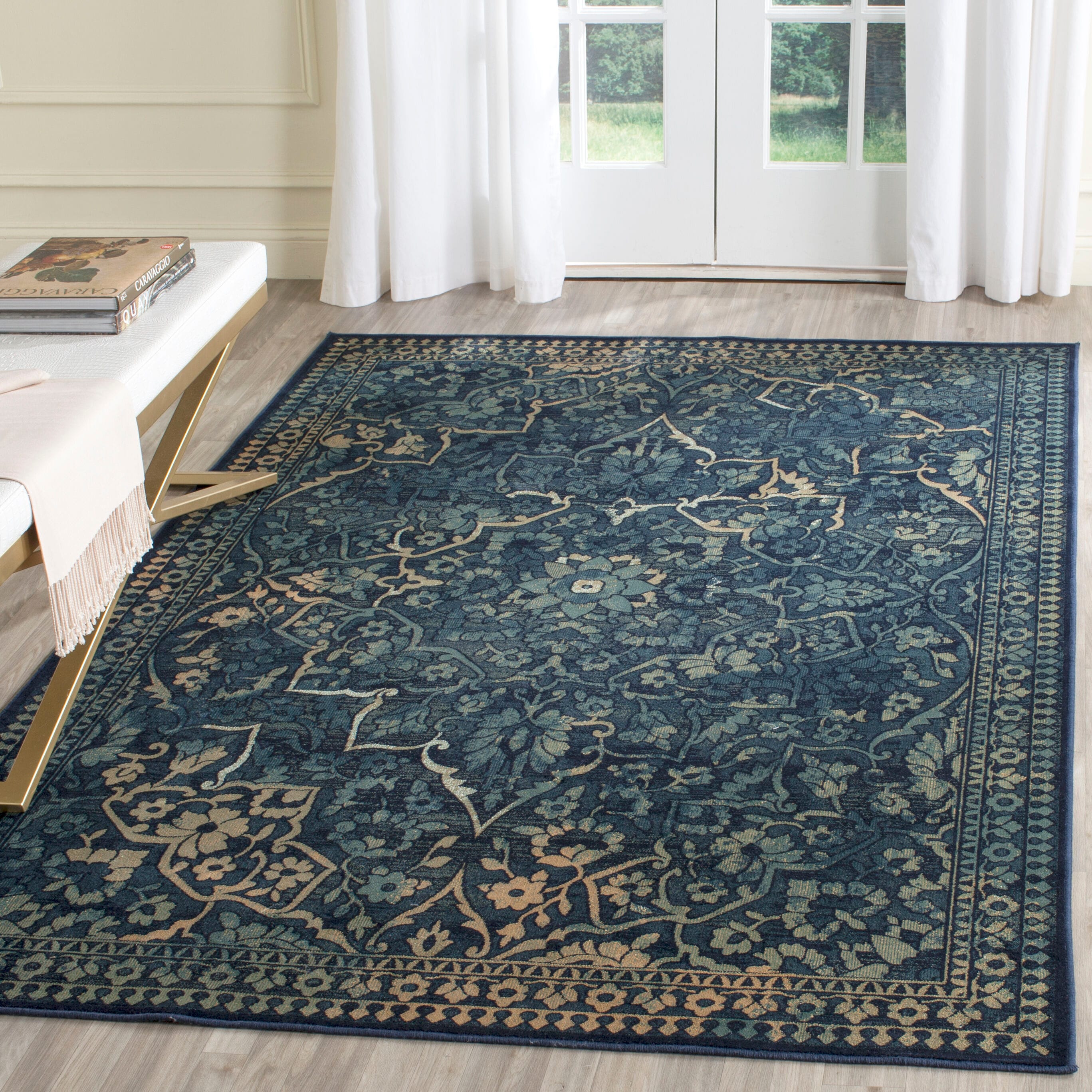 Safavieh VTG175-2333-3 Vintage Ardebil 3 x 6 (ft) Loomed Synthetic Blue/Yellow Rectangular Indoor Distressed/Overdyed Vintage Throw rug