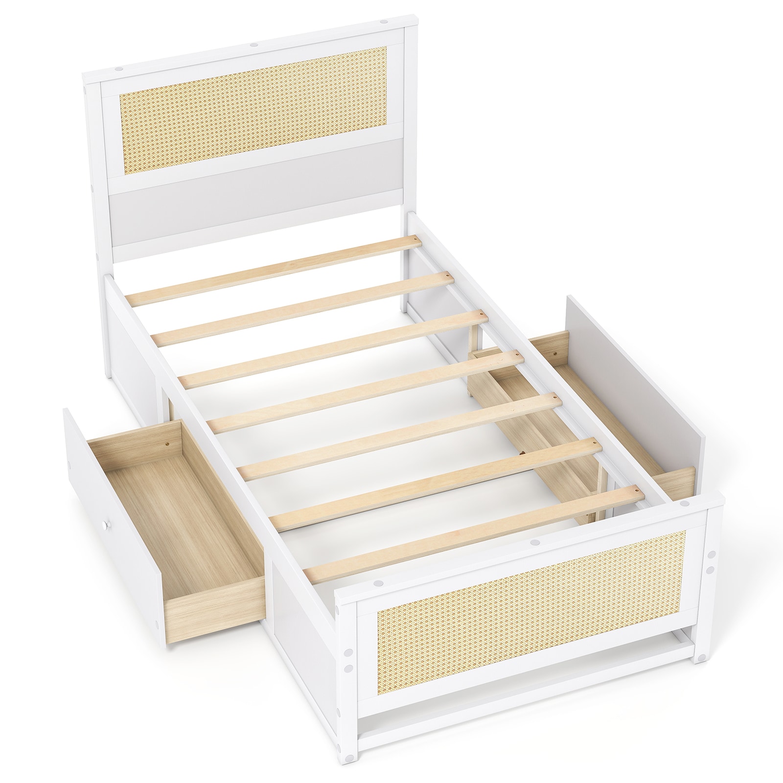 Volenca Twin Rattan Bed Frame with 2 Storage Drawers Woven Headboard and Wood Slats 350-lb No Box Spring