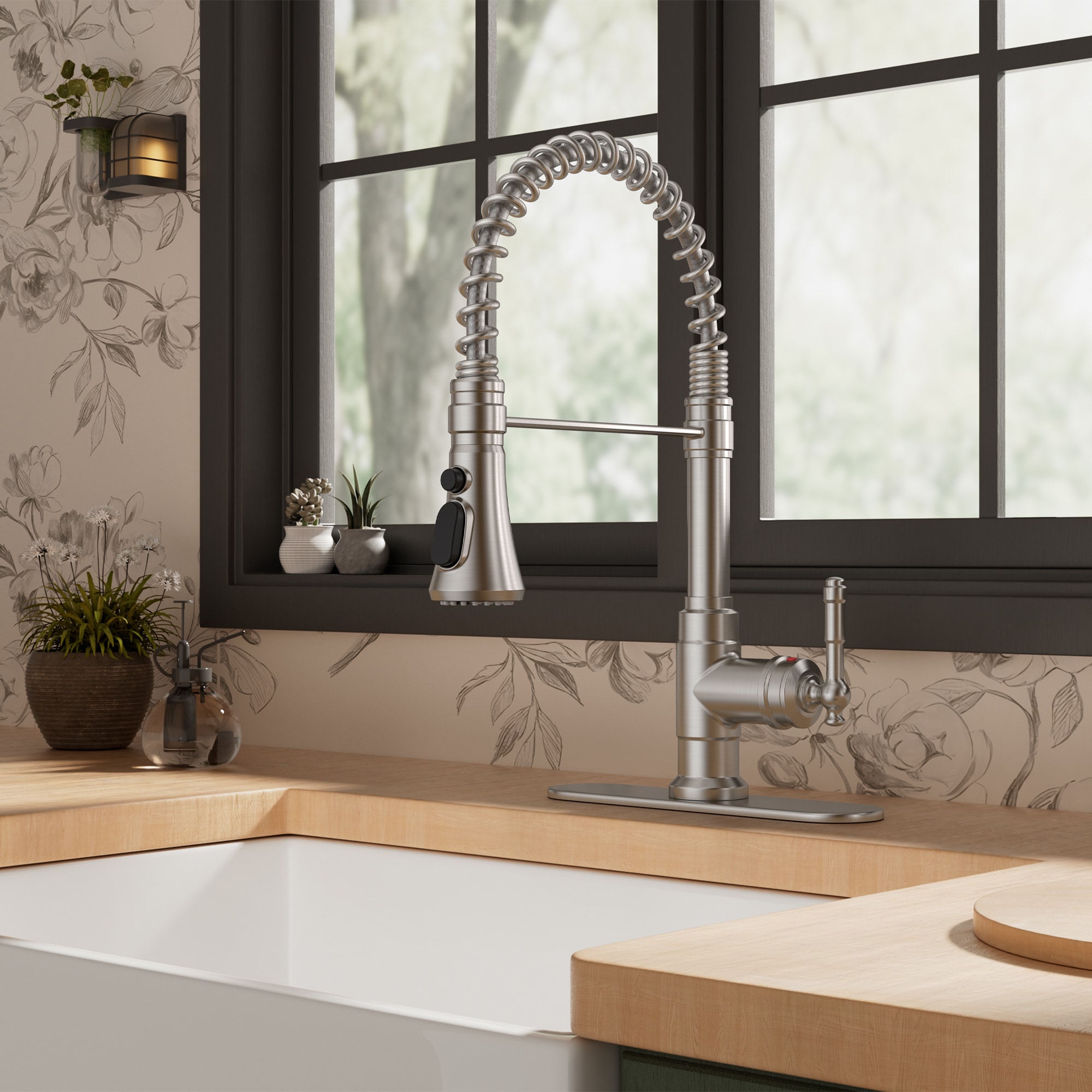 FURUISI LL5A3BN Stainless Steel Single Handle Deck-mount Pull-down Kitchen Faucet with Sprayer ( Deck Plate Included )