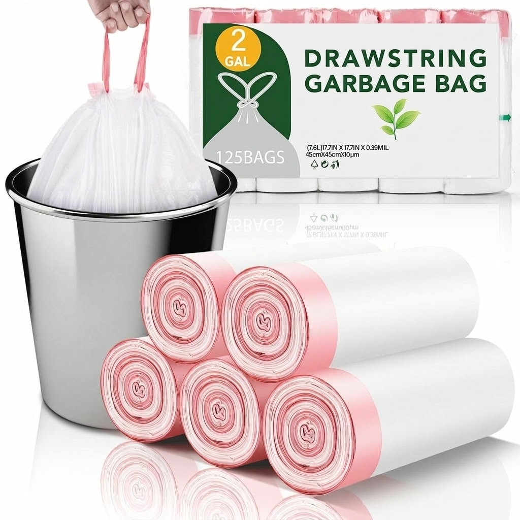 Phyfalip  Small Trash Bags Drawstring 2 Gallon Unscented Clear White Mini Strong Durable Plastic Liners for Bathroom Kitchen Office Car 125 pack