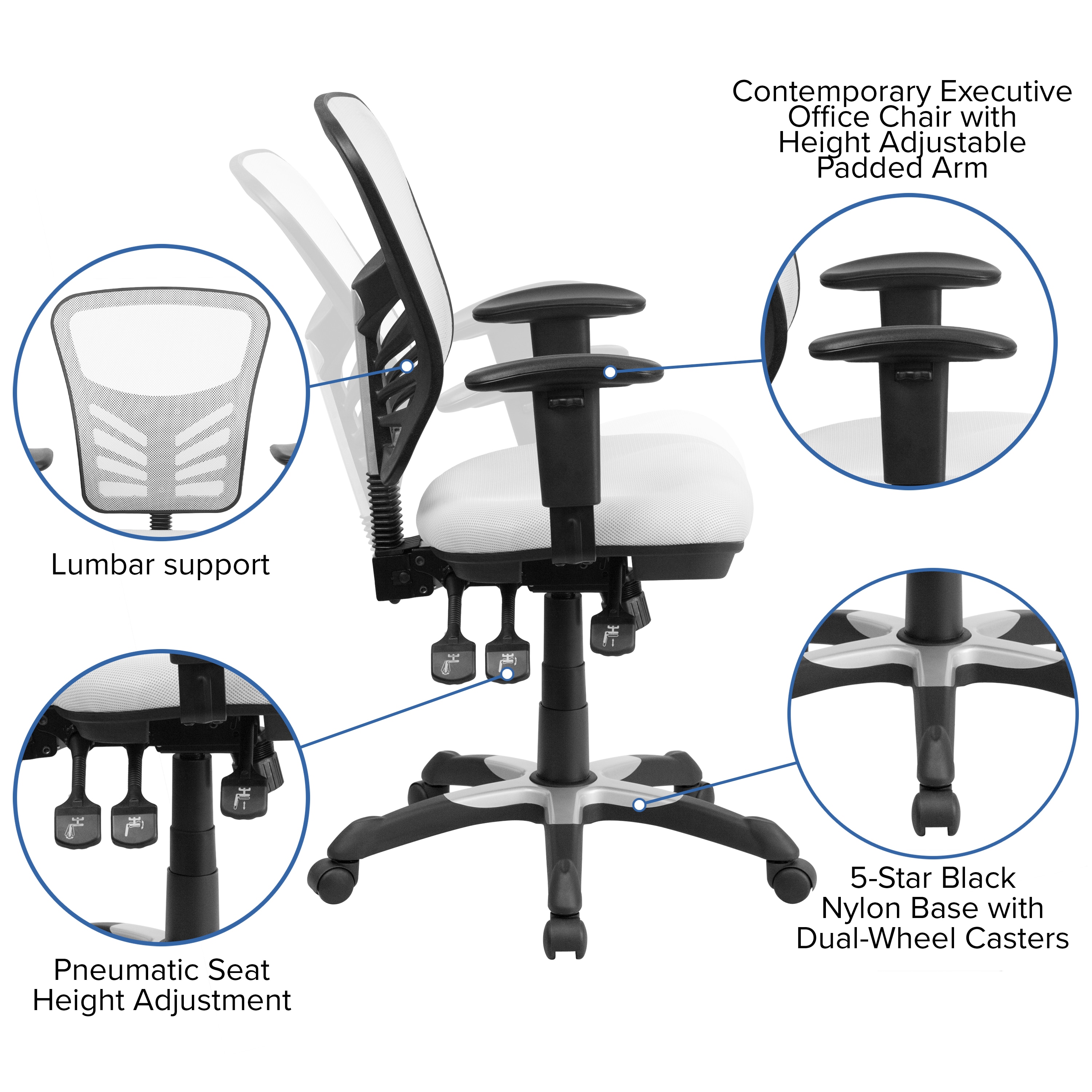 ErgoFlex White Mesh Mid-Back Executive Swivel Office Chair with Adjustable Arms