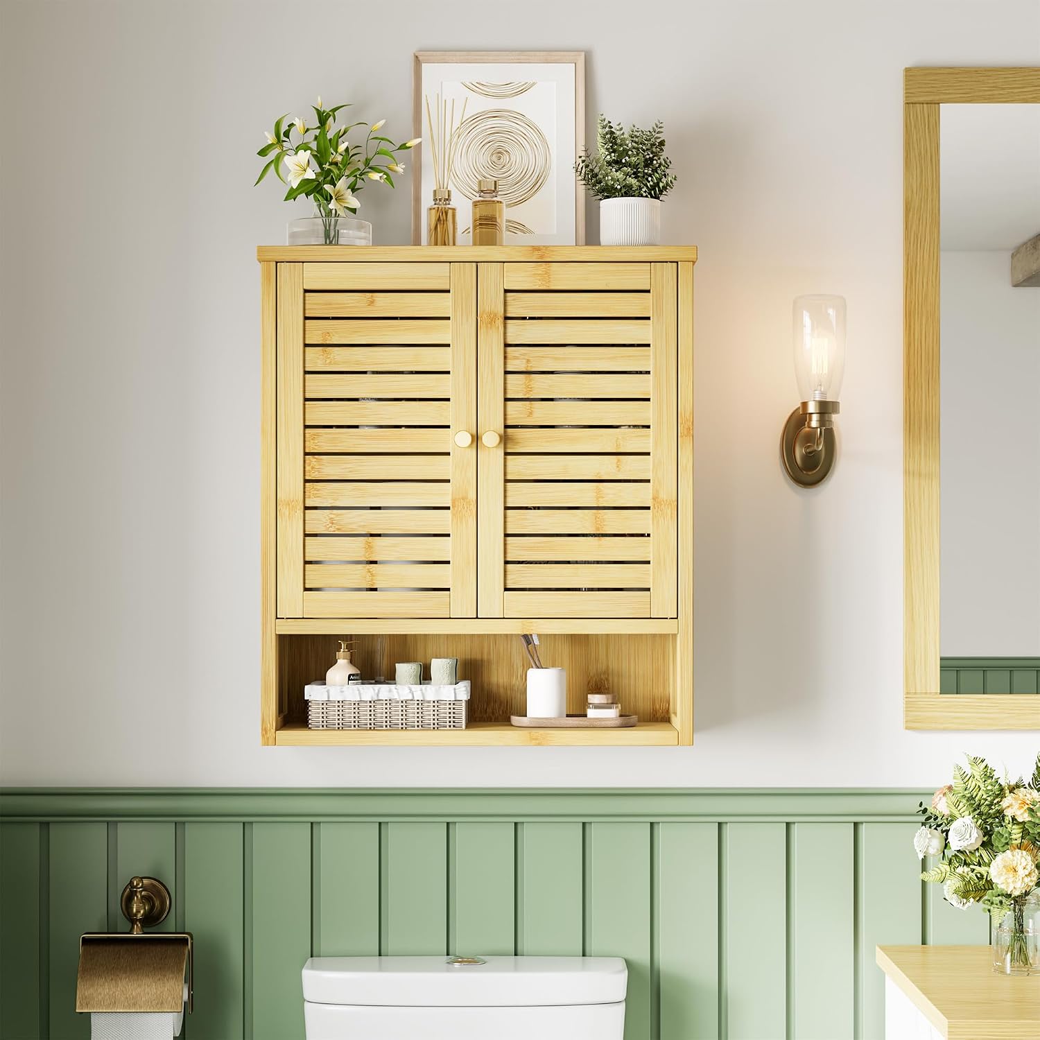 Garvee Bathroom Wall Cabinet with Storage 23.3in Medicine Cabinet Small Wall Mounted Storage Organizer with Louvered Doors and Open Shelf Natural Bamboo Finish Over Toilet for Laundry Kitchen Natural
