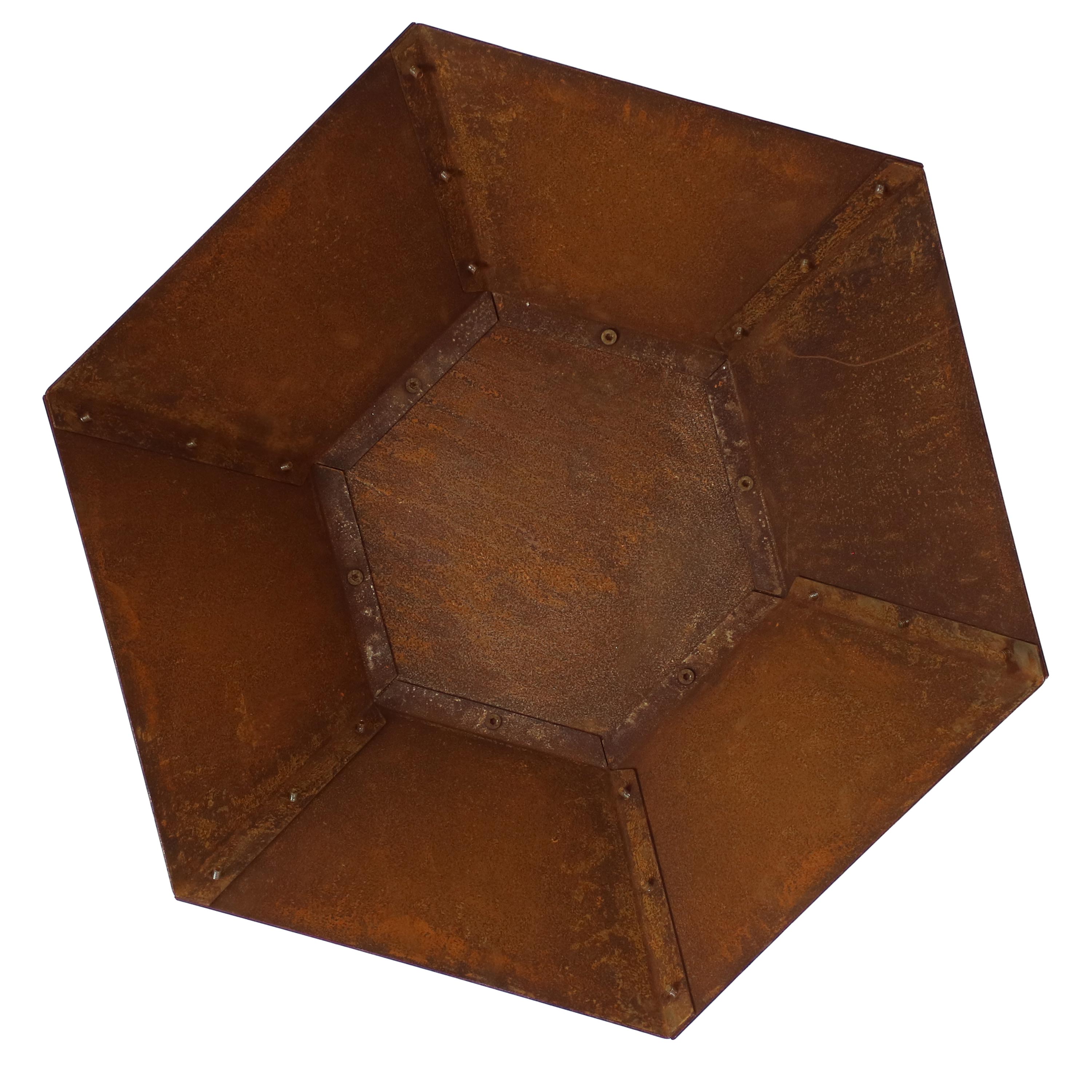 Rustic Hexagon Steel Wood-Burning Fire Pit Table in Oxidized Orange
