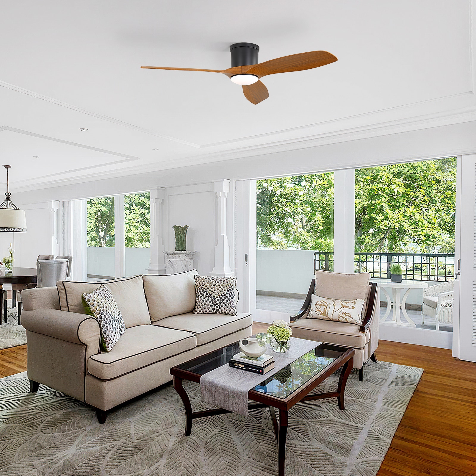 BABOOM BOM-316092-OR 52 Inch Modern Flush Mount Ceiling Fan with LED Light 52-in Color-Changing Integrated LED Flush Mount Dark wood grain color with ABS Blades Ceiling Fan With Light 3 -Blade )