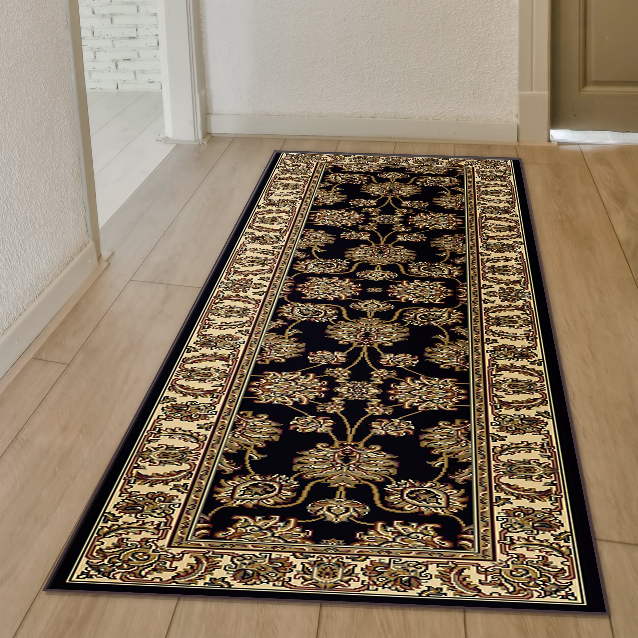 Radici USA 1330/1224/BLACK Noble 2 x 8 (ft) Polypropylene Black Rectangular Indoor Floral/Botanical Oriental Runner rug