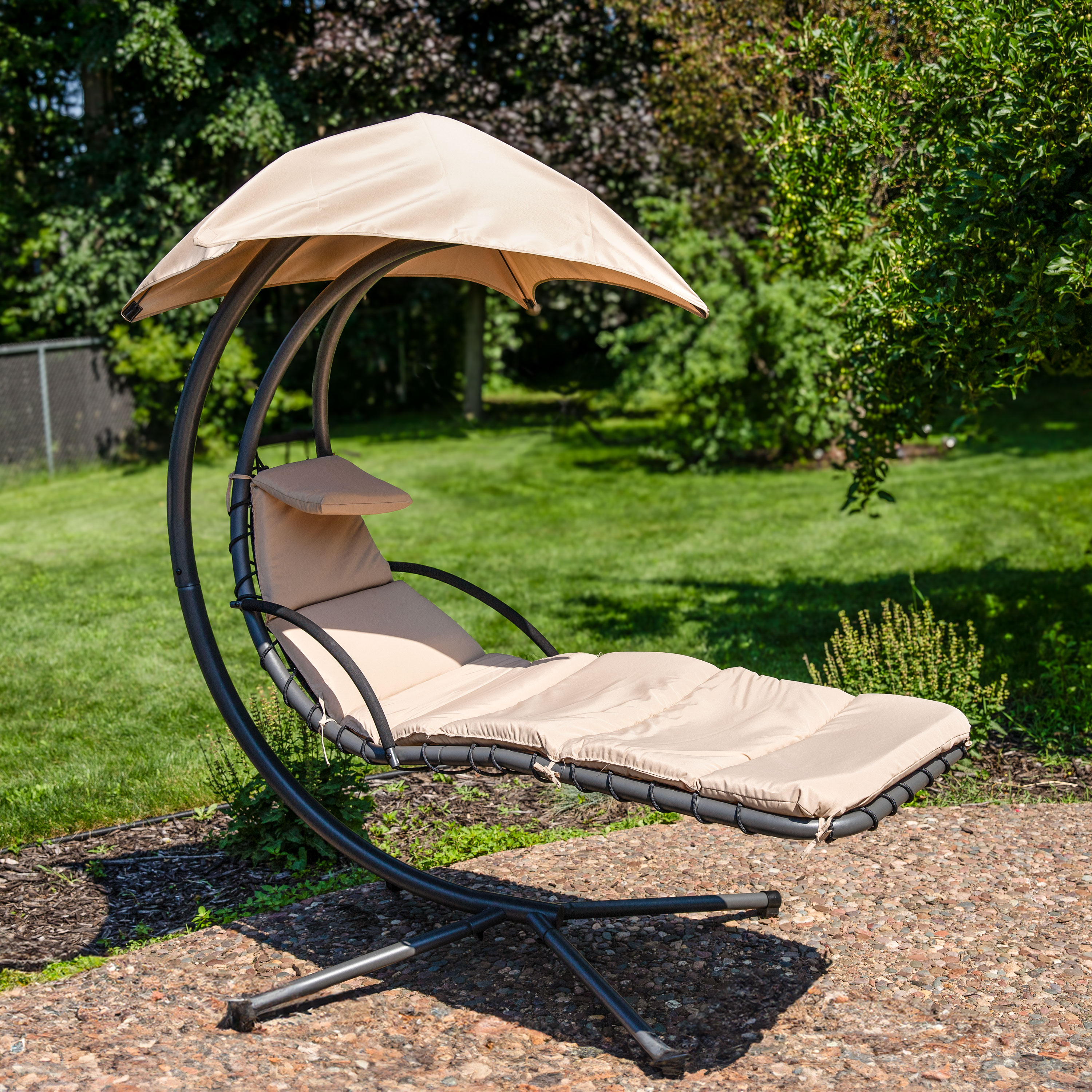 Sunnydaze Decor HH-FLC-BEIGE Black Steel Frame Stationary Chaise Lounge Chair with Off-white Cushioned Seat