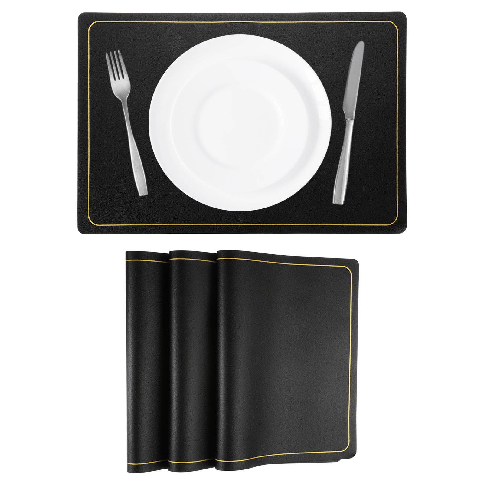 Unique Bargains 4pcs Faux Leather Placemats for Dinner Table PU Leather Rectangle Table Mats Placemats Heat Resistant Waterproof Oil Proof Kitchen Placemats (Black Gold Line) #S26042300UX4986