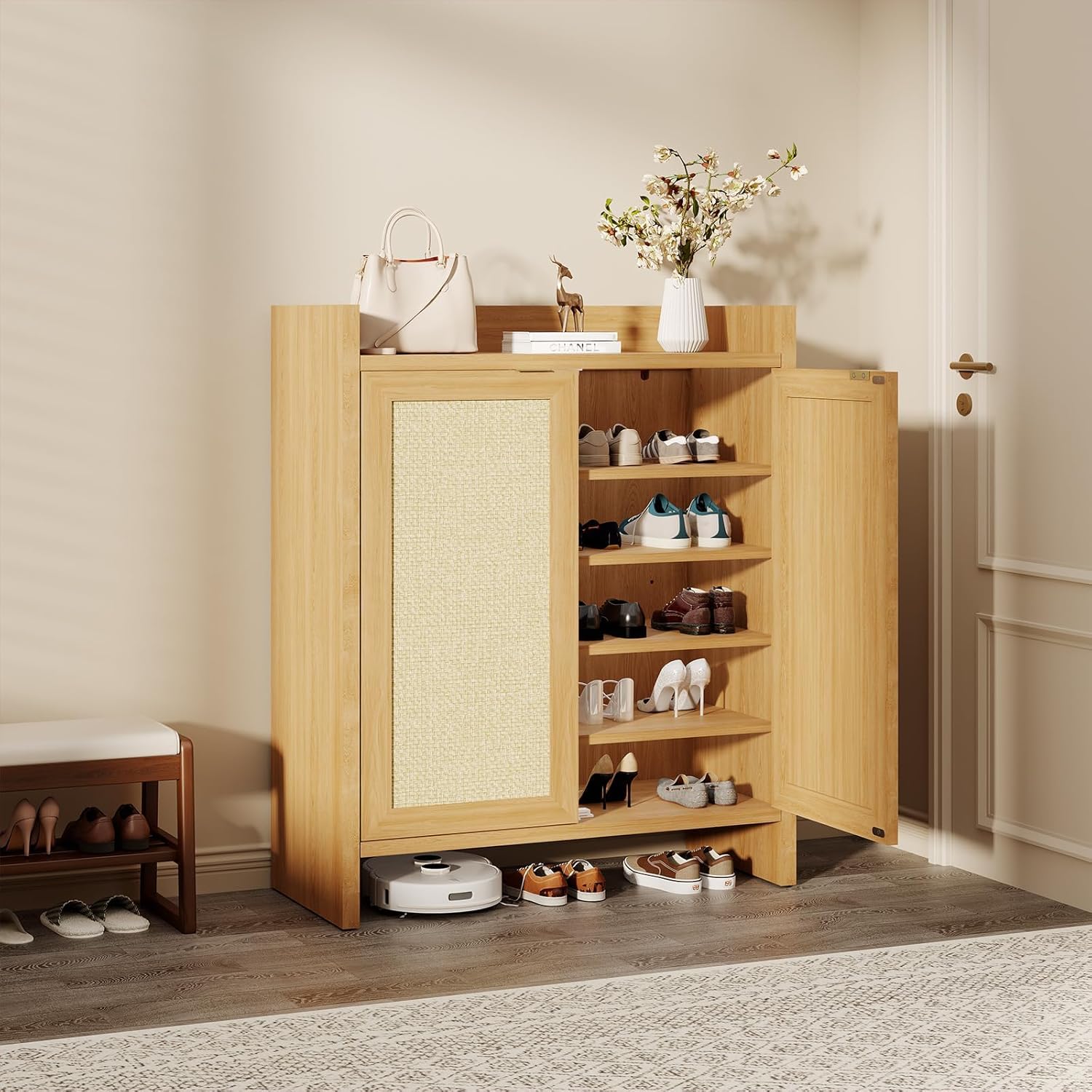 GAOMON Rattan door shoe cabinet with adjustable shelves freestanding wooden shoe storage with guardrail top for hallway living room dark oak