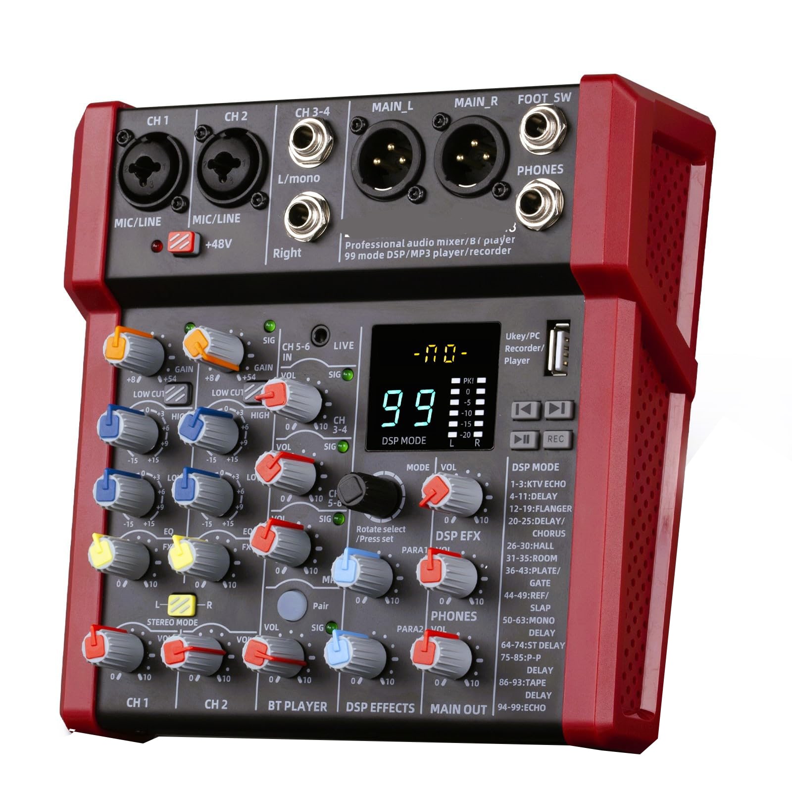 Etokfoks  6 channel DJ audio mixer sound board console with 99 DSP effects 48V phantom power stereo USB MP3 recorder XLR inputs for karaoke