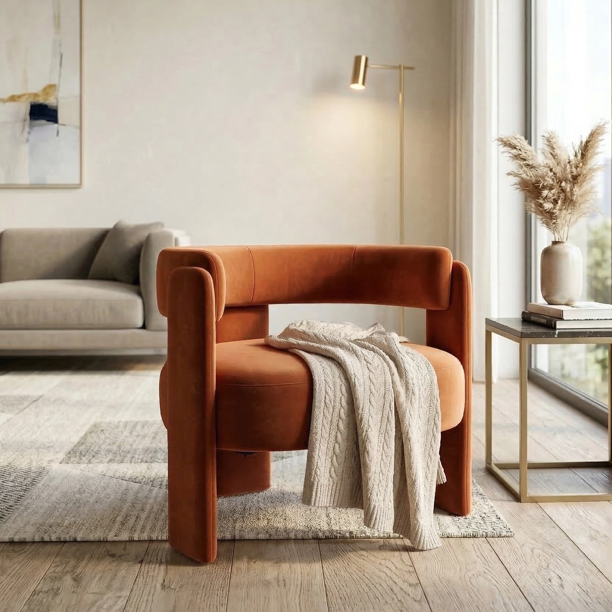 Horizons Prime - 32 inch x 27 inch x 28 inch Orange Velvet Accent Chair with Mid-Century Modern D...