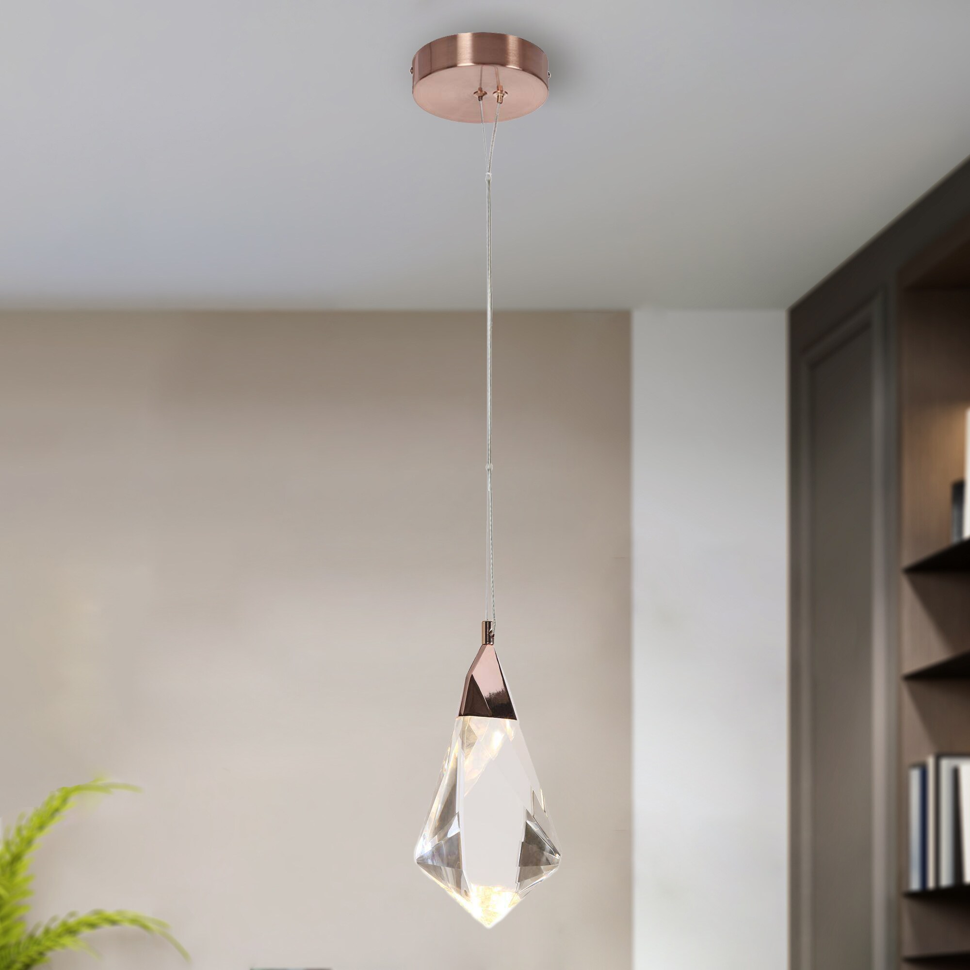 LNC HA05292 Matsuura 1 -Light Plating Rose Gold and Crystal Glam Textured glass Teardrop Integrated LED Mini Hanging Pendant light