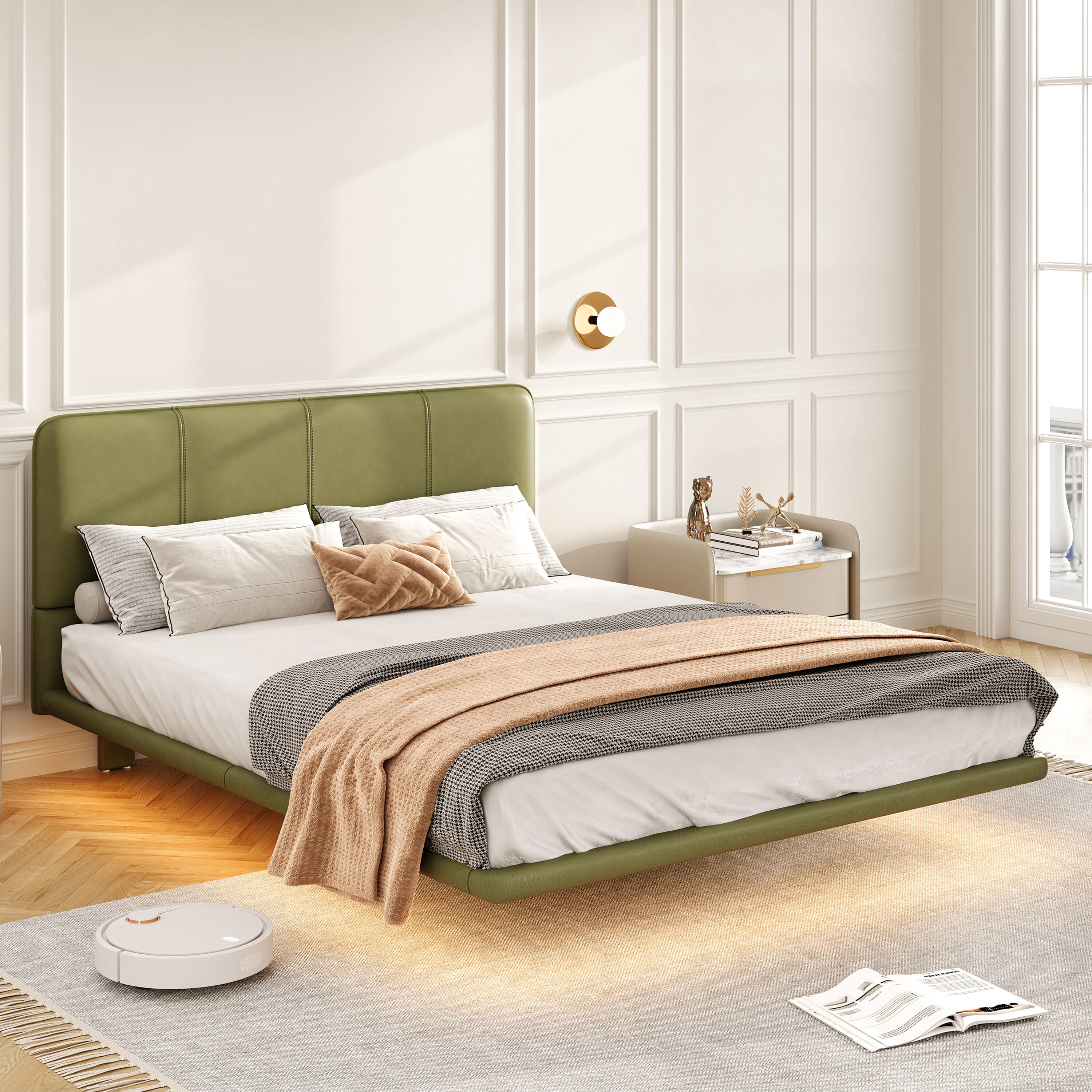 Christopher Knight Home 320604 Korli Modern Upholstered Leather Floating Bedframe   Headboard Set with LED Lighting