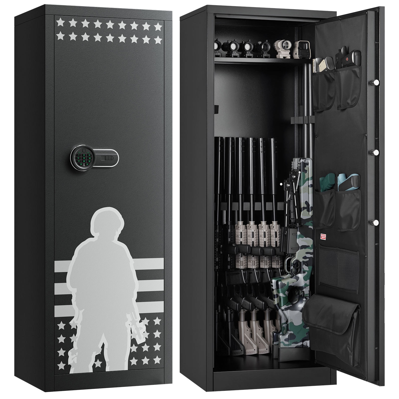 VEVOR 10-12 Gun Safe Long Gun Cabinet for Rifles and Pistols Quick Access Rifle Safe with 4 Pistol Pockets and 3 Adjustable Racks Large Digital Cabinet with Key and Password Lock