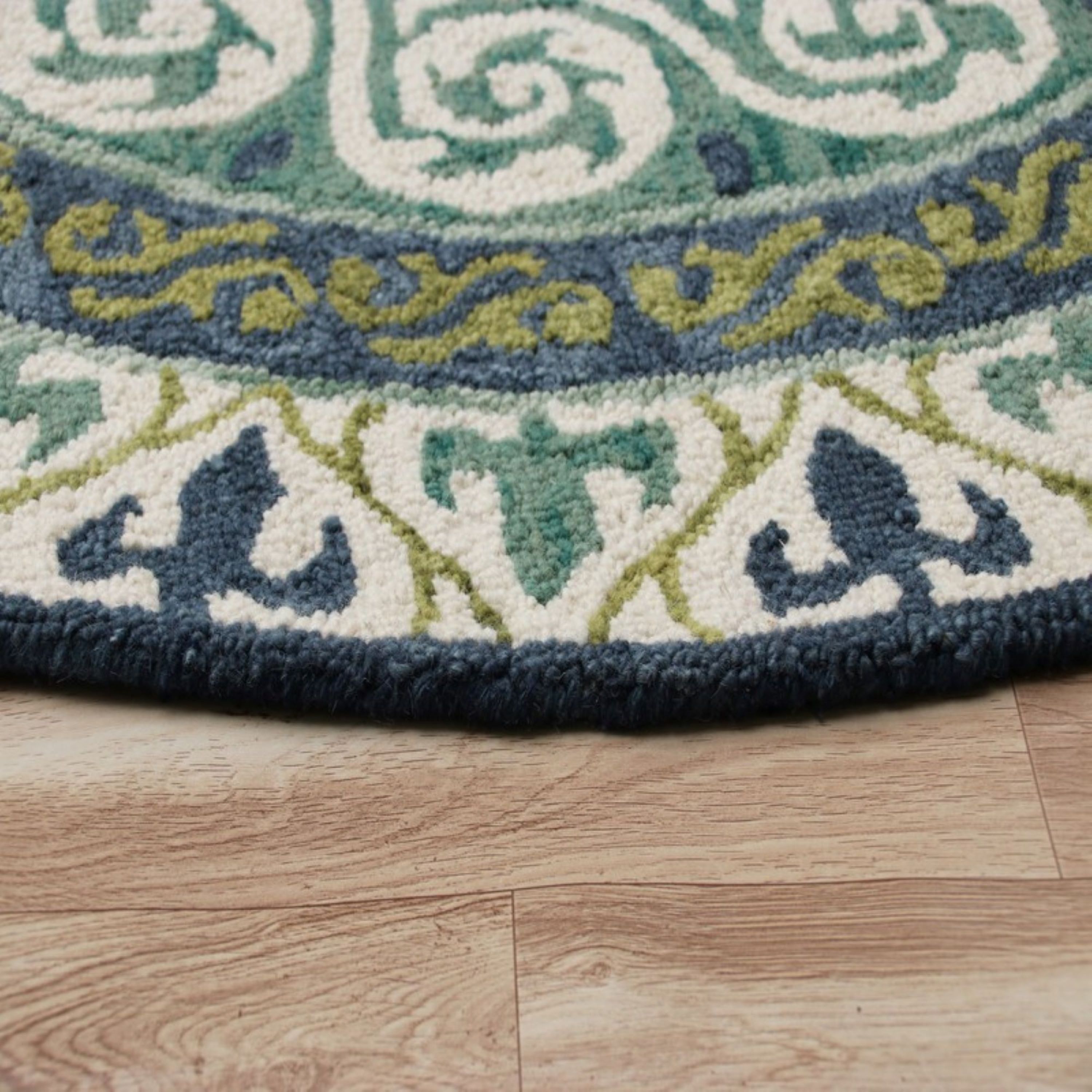 Handmade 5' Round Blue Wool and Viscose Medallion Rug