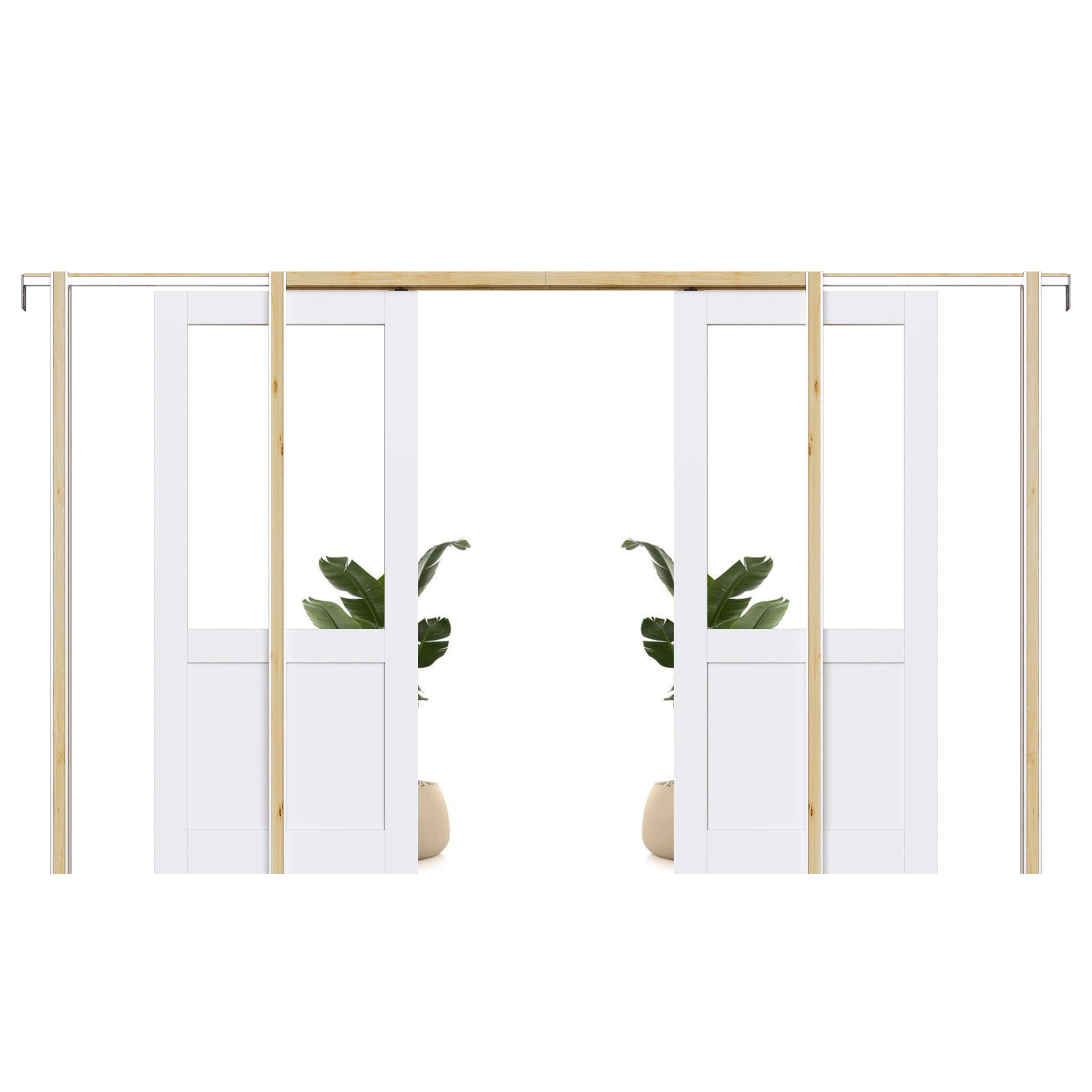 JUJUBON IN-PDPKSC-BLXB-CG-72 72-in x 80-in Wood Pocket Door Frame with 1/2 Clear Glass White Primed MDF Pocket Door and Hardware Soft Close Included