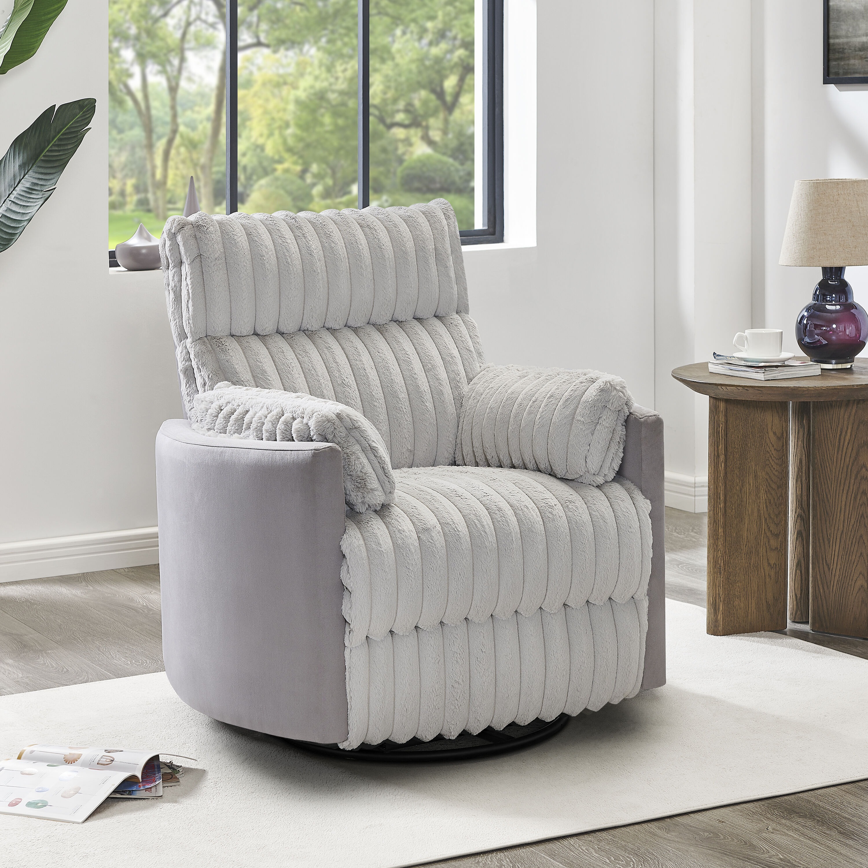 Roundhill Furniture LRH4131GY Bocaton Gray Corduroy Upholstered Swivel Recliner