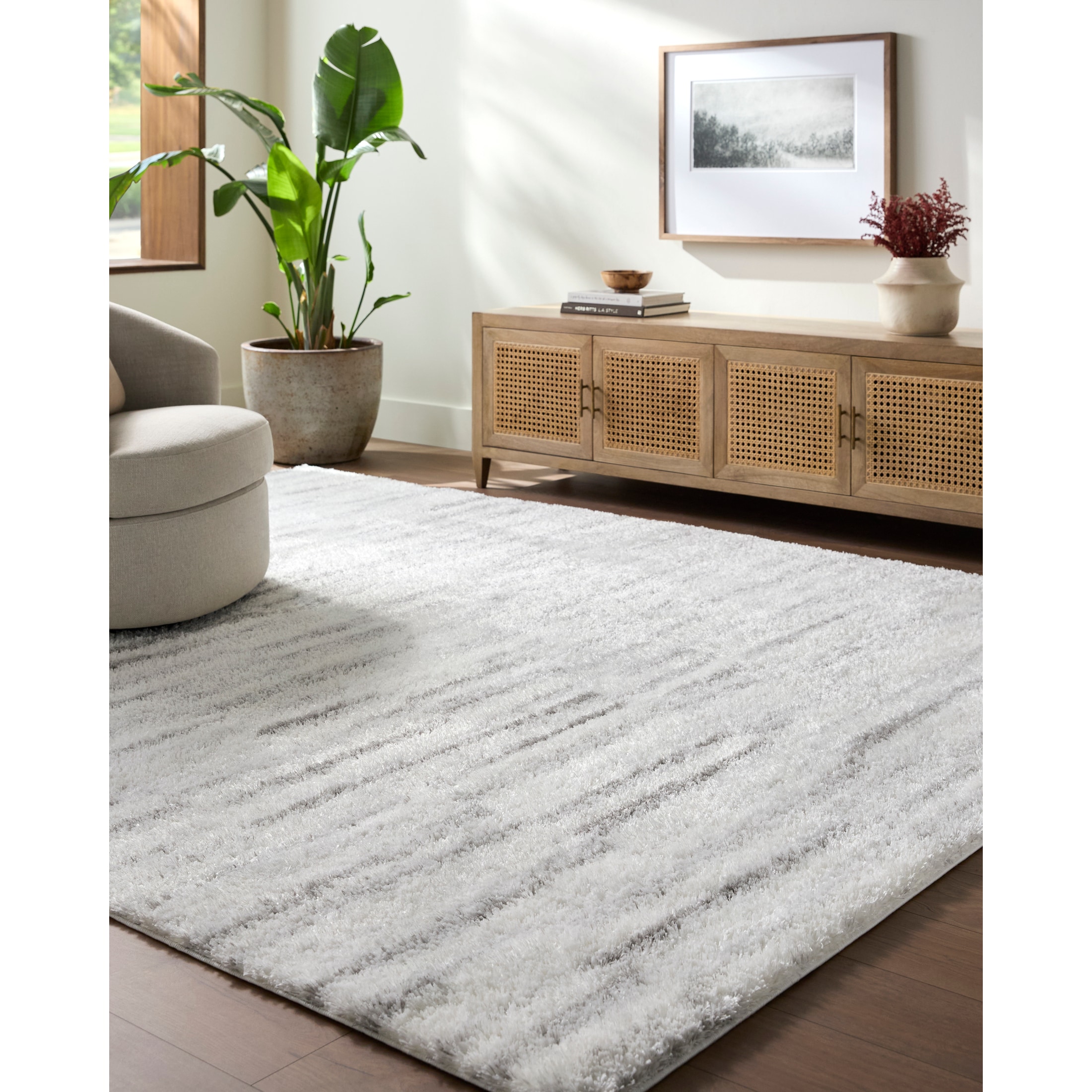 Cloudy Shag 5 x 7 (ft) Flatweave Polyester Gray/White Rectangular Indoor Stripe Spot Clean Only Area rug