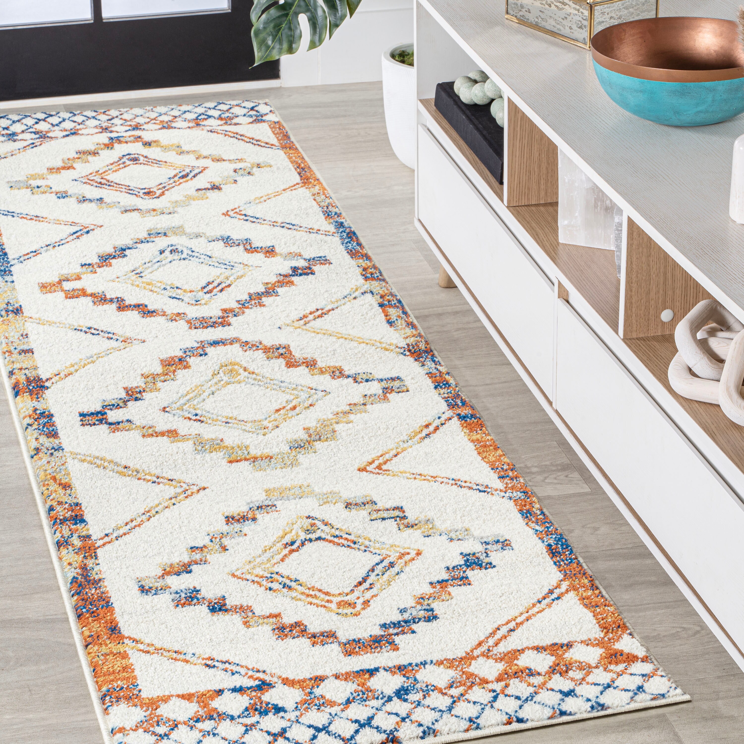 JONATHAN  Y MOH200E-28 Moroccan HYPE Amir Beni Souk 2 x 8 (ft) Loomed Polypropylene Ivory/Blue/Orange Rectangular Indoor Tribal Bohemian/Eclectic Runner rug