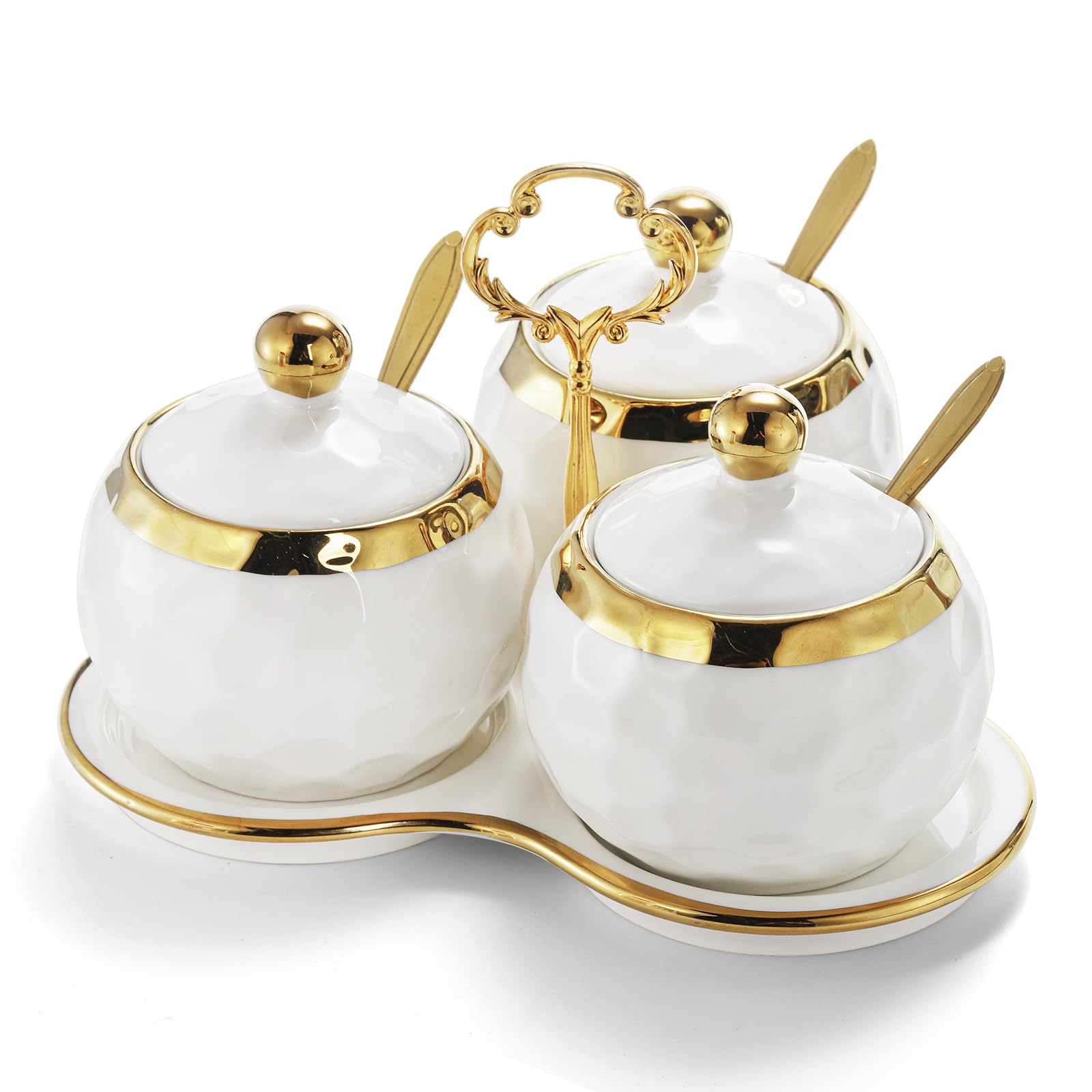 Aoibox - 8 oz White Porcelain Condiment Pot with Gold Trim Lid Spoon and Tray Set of 3 Condiment...