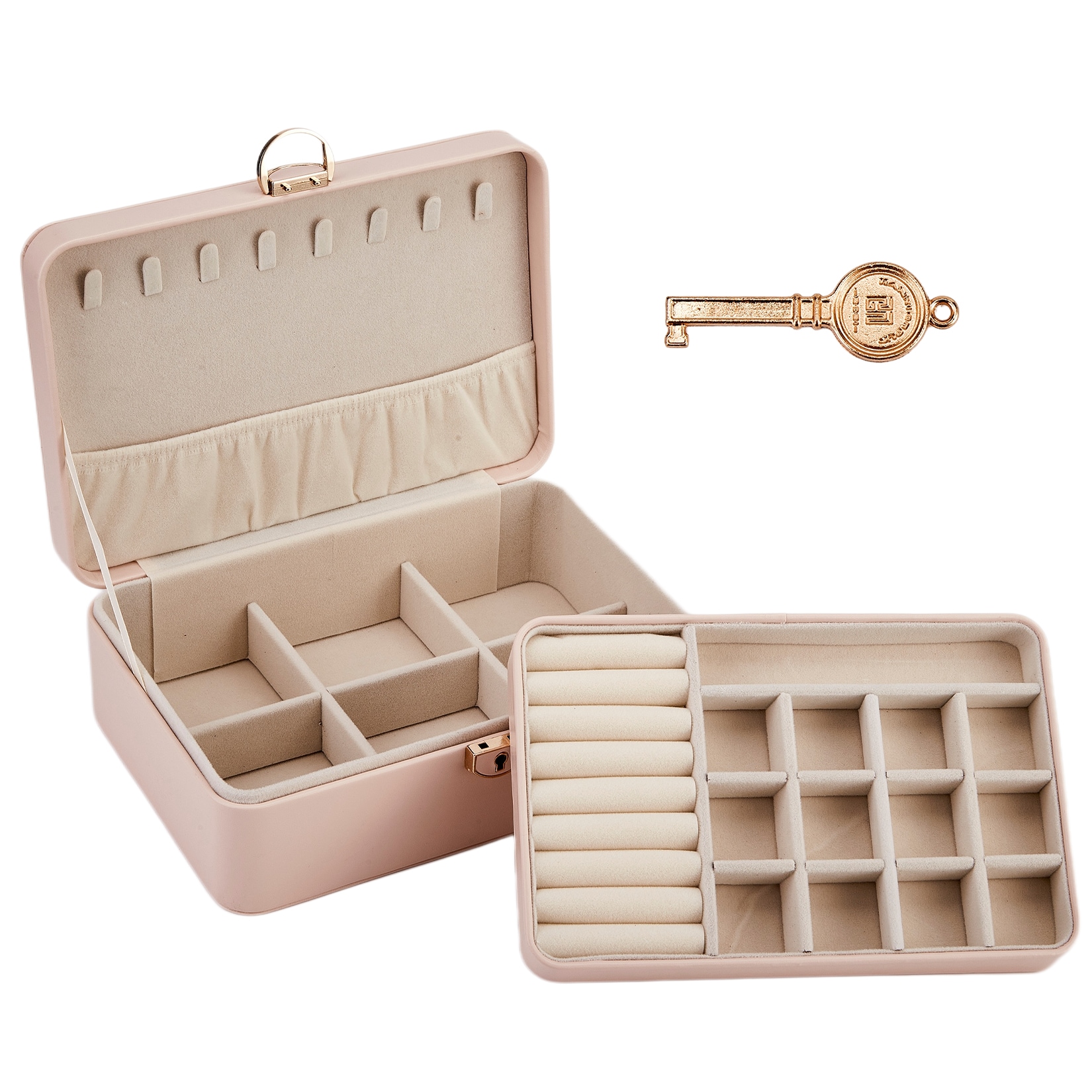 Garvee Lockable Jewelry Box 2-Layer PU Leather Travel Organizer Velvet Lined Display Case with Key Portable Storage for Rings Earrings Necklaces Bracelets Watches 9.45x6.3x3.54 Inch Champagne