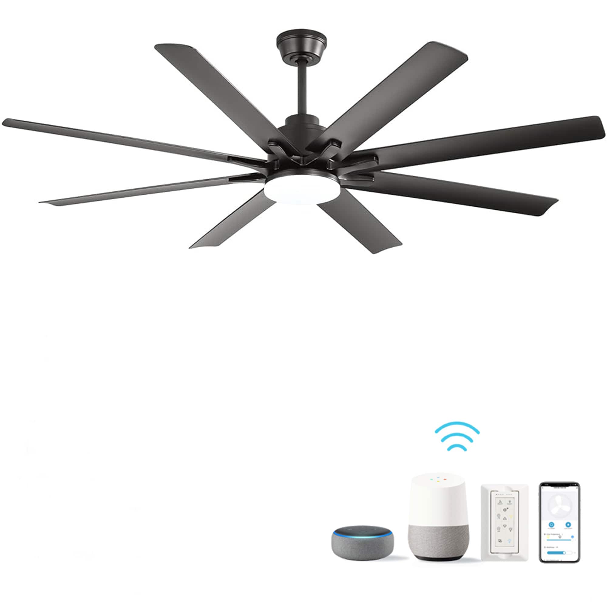 BABOOM BOM-82P1468-OR 66-in Color-Changing Integrated LED Smart Matte Black with Black Blades Ceiling Fan With Light - Remote Included ( 8 -Blade )