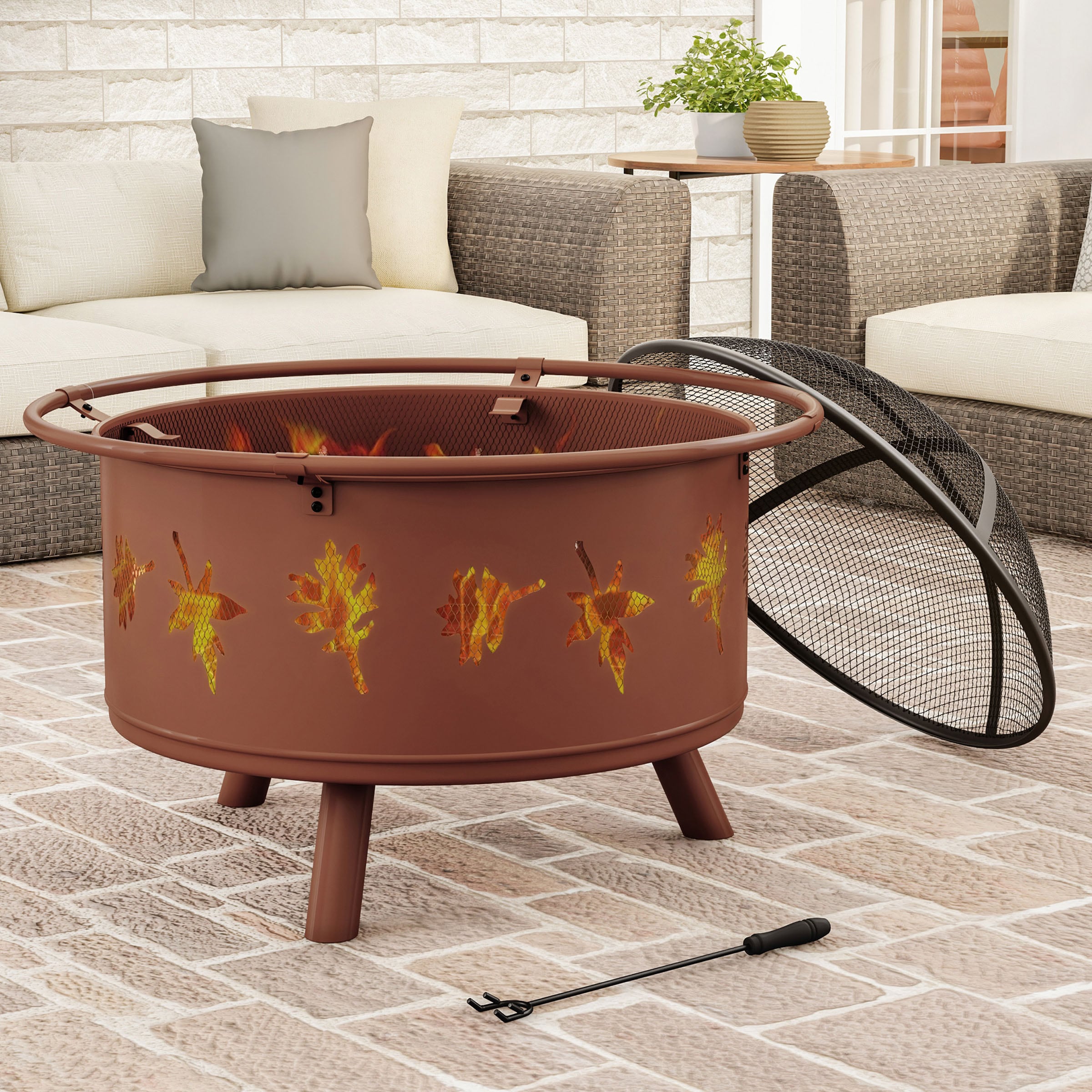 5-Piece Round Fire Pit with Leaf Cutouts and Cover Portable Wood ...