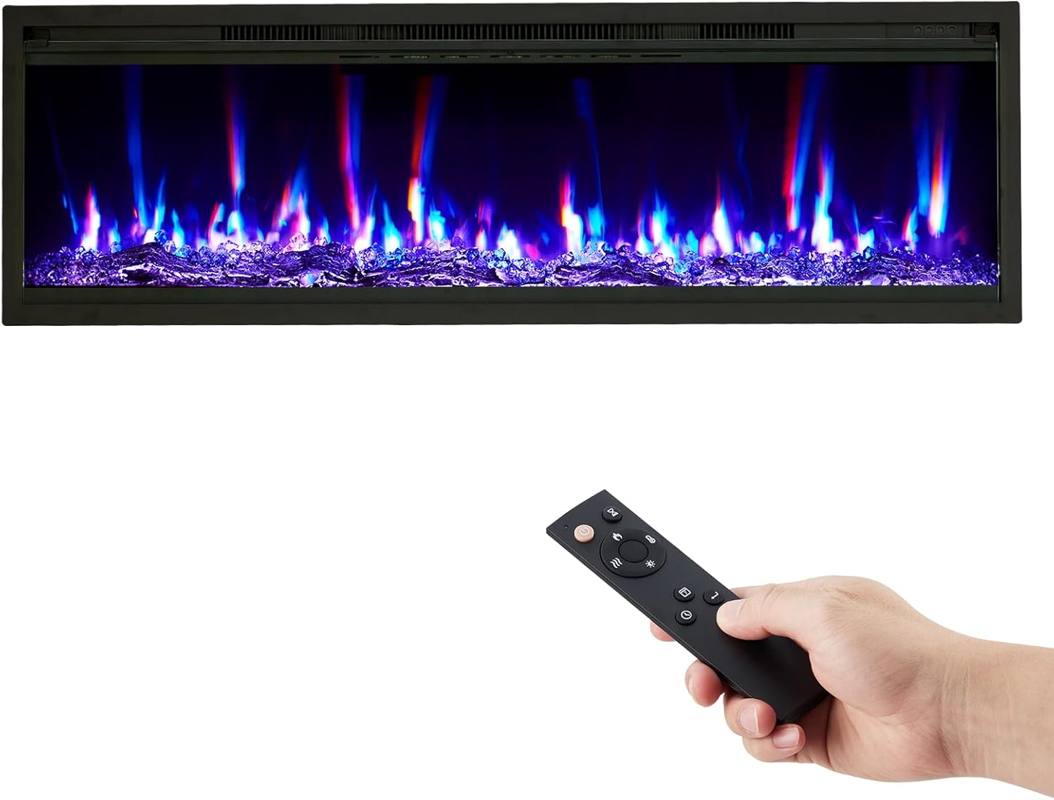 Qeetex QET-EF-JO806 60 Inch Electric Fireplace Wall Mounted/Recessed with Remote Control 4.2 Inch Ultra-Thin Linear Fireplace Heater 750W/1500W with Timer 12-Color Flames Log and Crystal Options