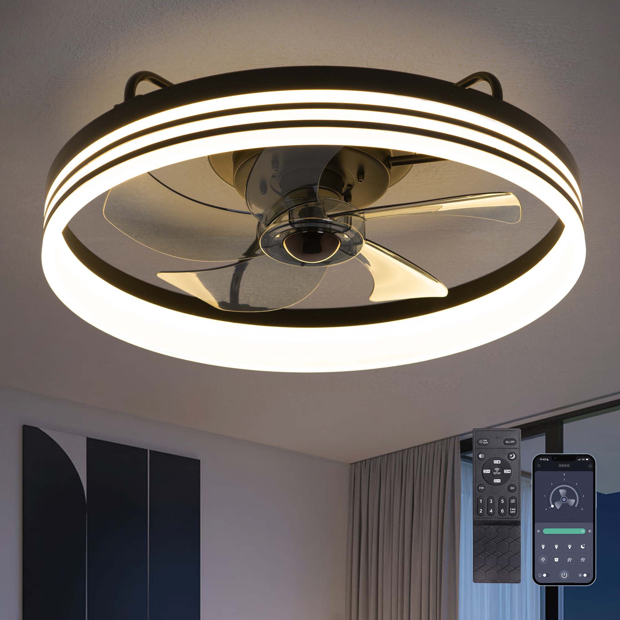 18in Indoor Ceiling Fan with Light, Remote & APP Control, 3 Colors