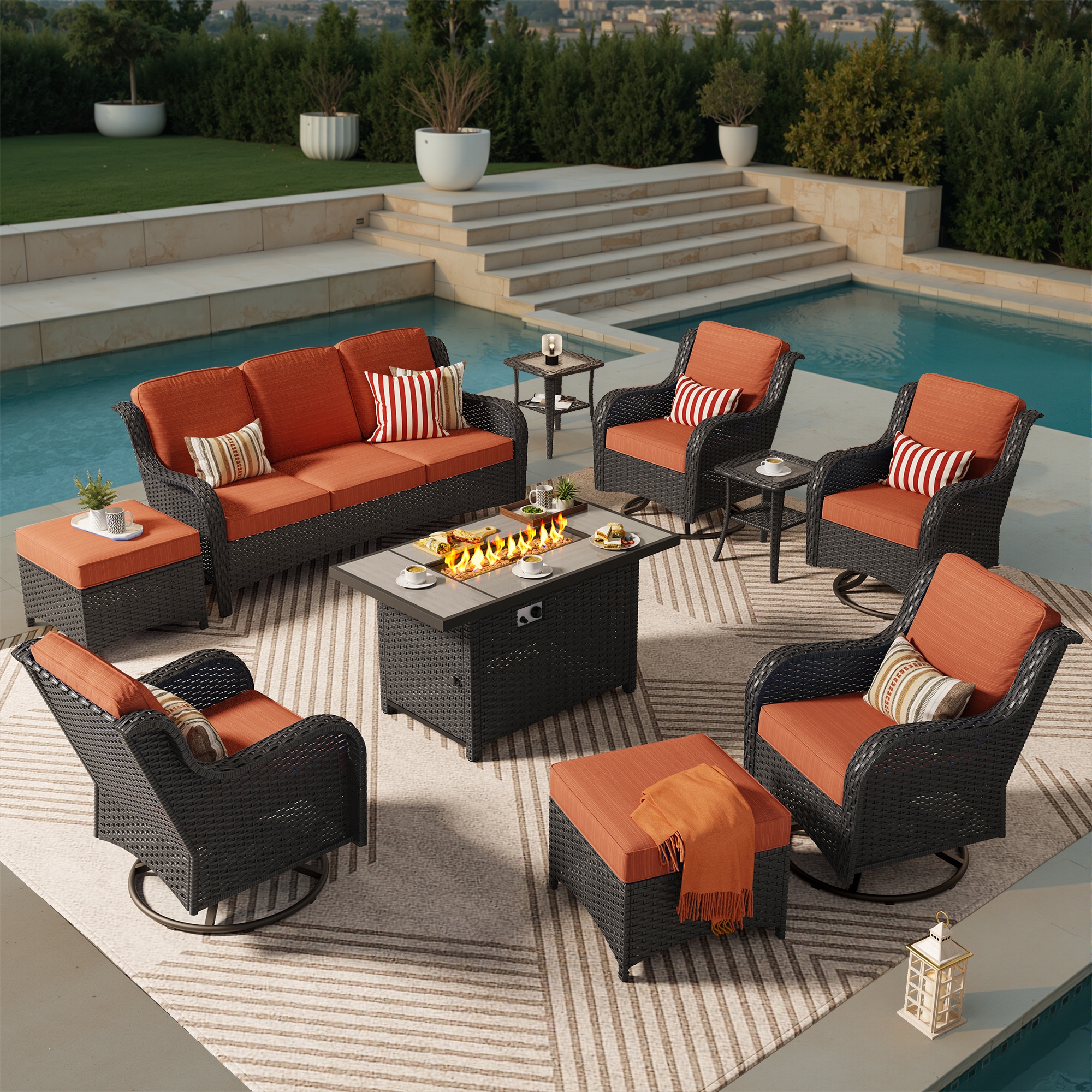 Pouuin SRFPYZNTC8-9 10 -Piece Wicker Patio Sofa Conversation Set with Orange Cushions