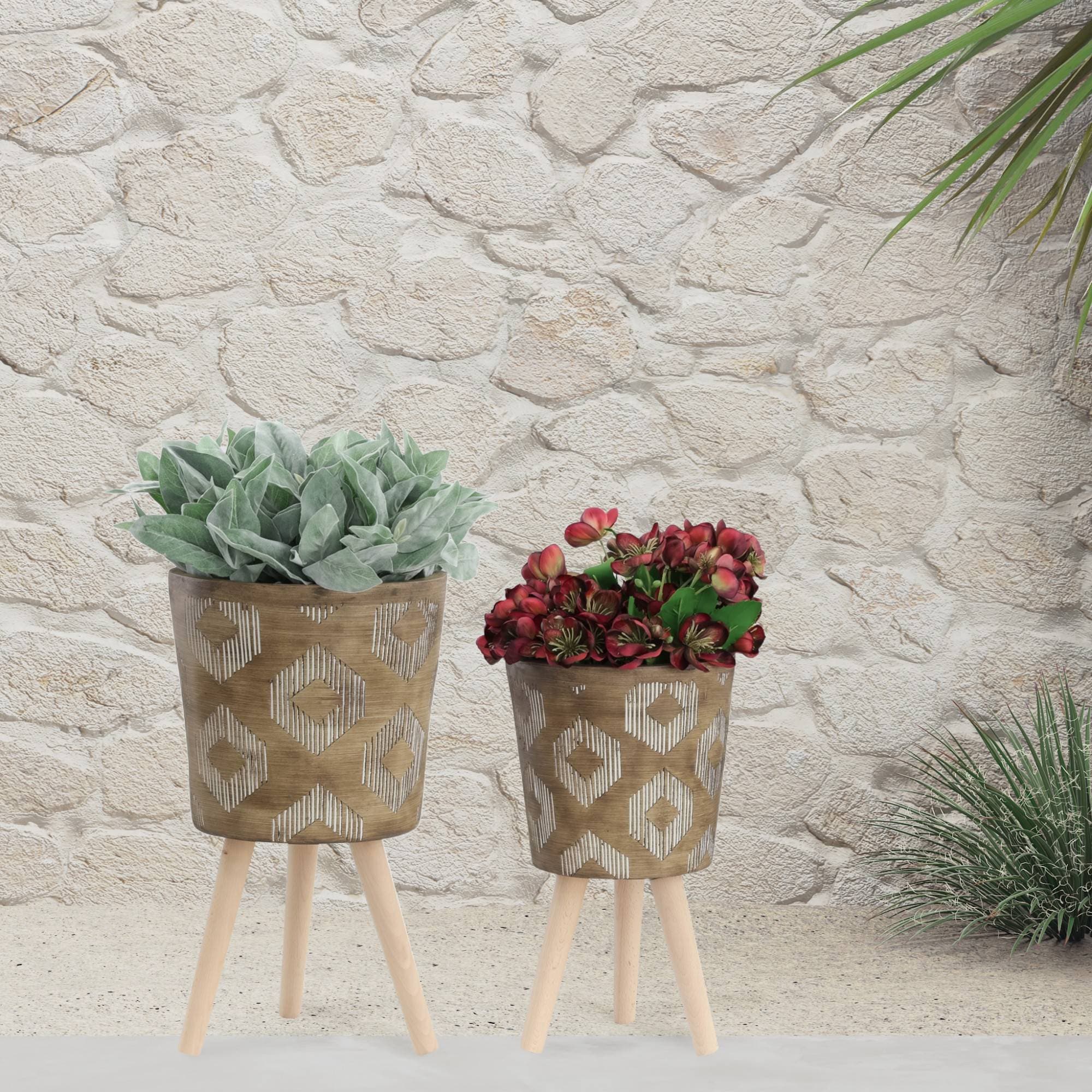 Yiekholo LL-1612AA 2 -Pack Round 12.0-Inches W Large Brown Polyrattan Indoor/Outdoor Planter with Drainage Holes with Self Watering