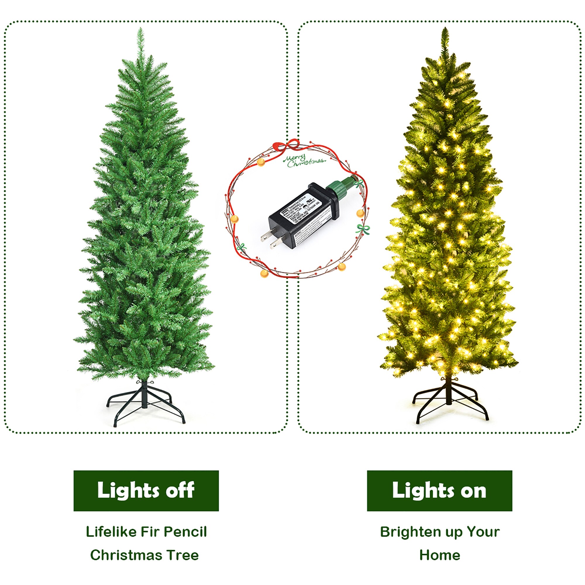 Goplus 6-ft Pre-lit Pencil Artificial Christmas Tree with LED Lights in ...