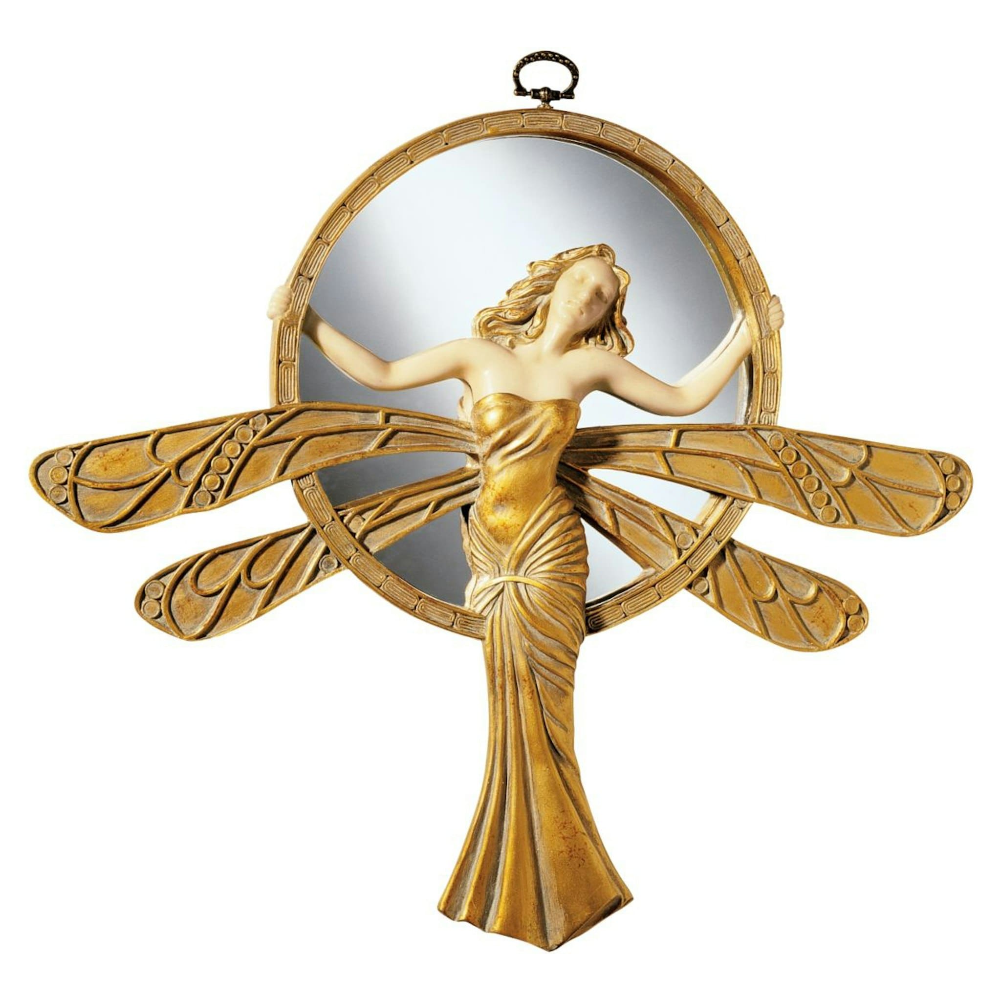 Art Deco Dragonfly Maiden 13" Gold and Ivory Round Wall Mirror