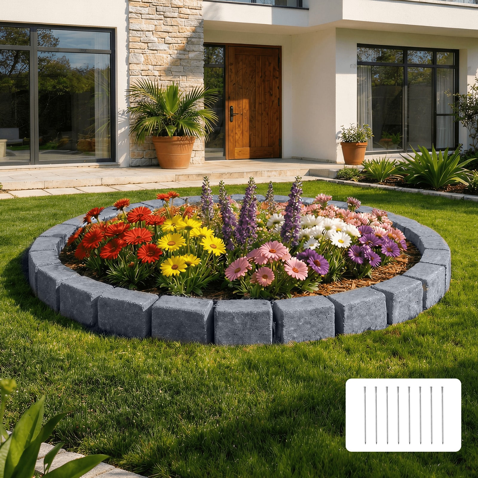 VEVOR Faux Stone Landscape Edging 15.5 ft Kit No Dig Garden Edging Border Blocks for Lawn Flower Beds Yards 4 Pack Each Section Has 6 Bricks 46.85inL x 3.94inW x 6.1inH 8 Spikes Sandstone Gray