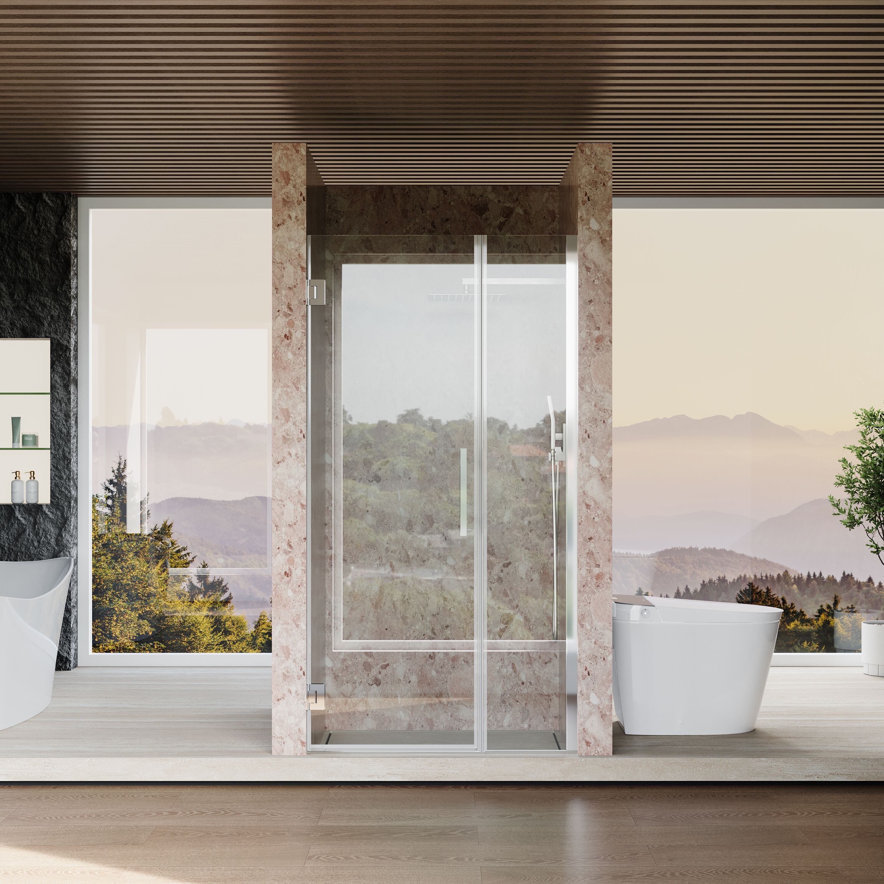 ANGELES HOME  37-in to-38-in W x 72-in H Frameless Hinged Shower Door with 3/8-in Clear Tempered Glass and Fixed Glass Panel in Chrome