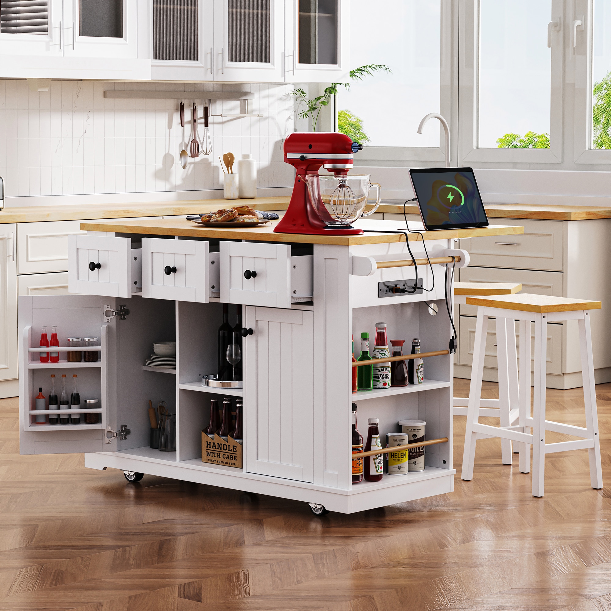 Xspracer - White MDF Base with Wood Wood Top Rolling Kitchen Island ( 30-in x 53-in x 37-in )