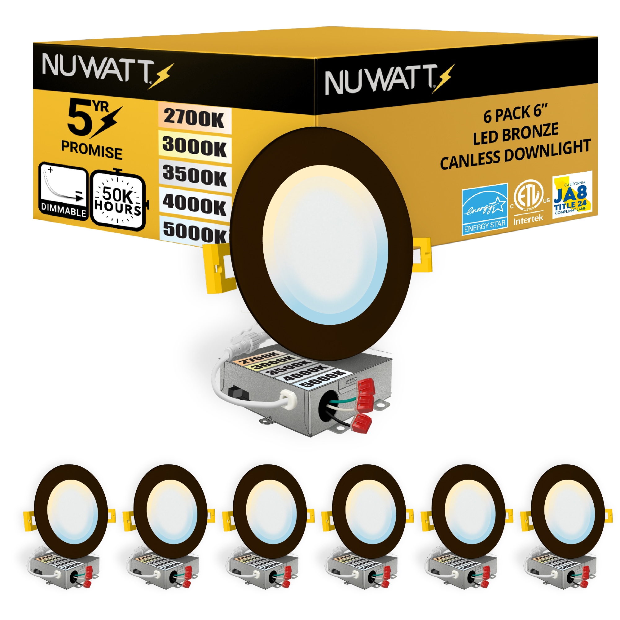 NUWATT NW-P-DL-6-15W5CTBZ6P Ultra Slim Airtight IC Bronze 6-in 1050 -Lumens Switchable Round Dimmable LED Canless Damp rated Recessed Downlight 6 -Pack