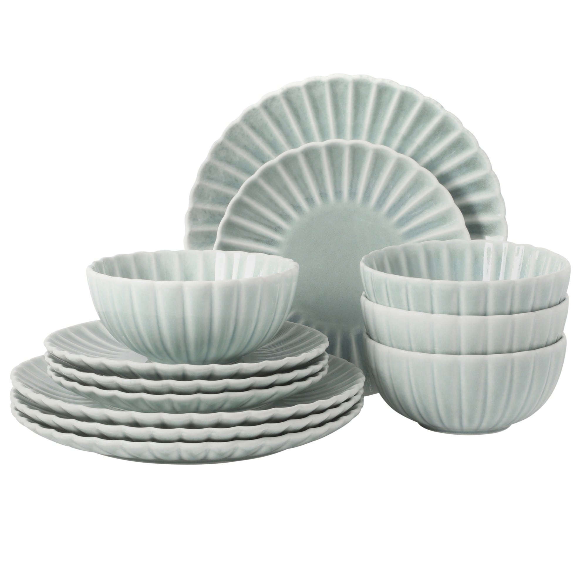 Gibson Elite  Peach Orchard 12 Piece New Bone China Dinnerware Set Service for 4 Embossed Fluted Plates and Bowls Dishwasher and Microwave Safe Aqua Blue
