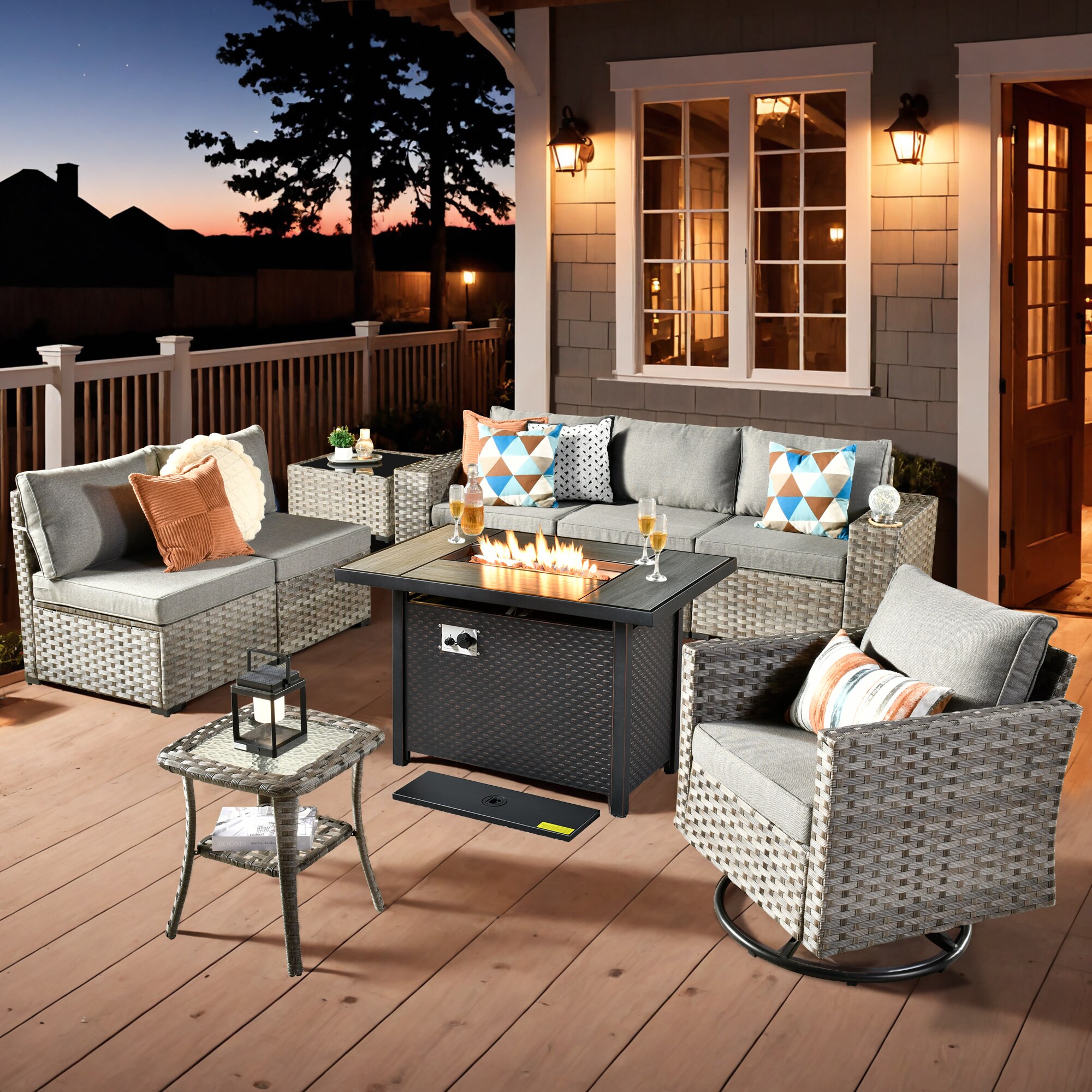 Pouuin SCFPBBR2-9 Wicker Outdoor Sectional with Dark gray Cushions and Wicker Frame