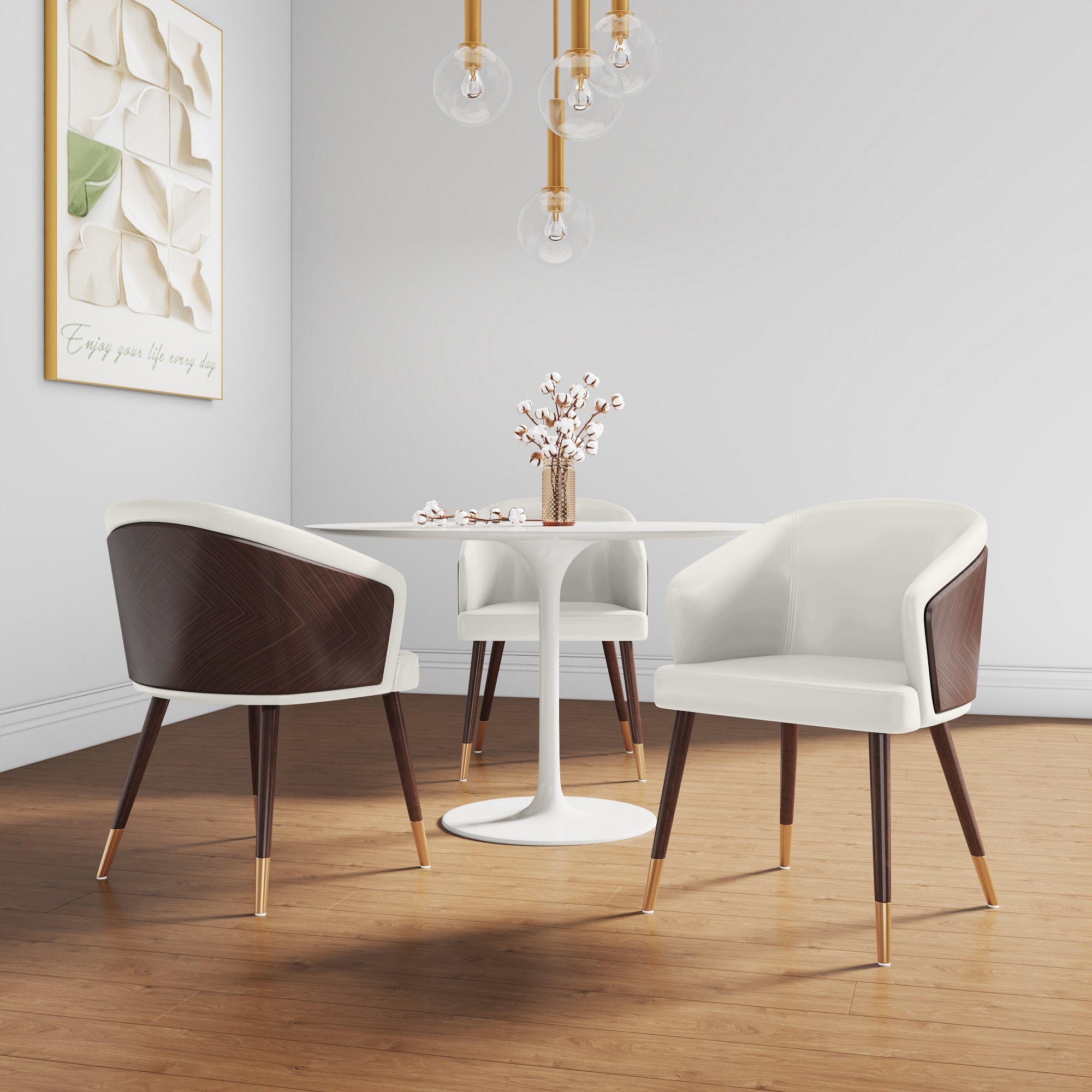 Manhattan Comfort 2-DC082-CR Set of 2 Contemporary/Modern Faux Leather Upholstered Dining Arm Chair (Wood Frame)