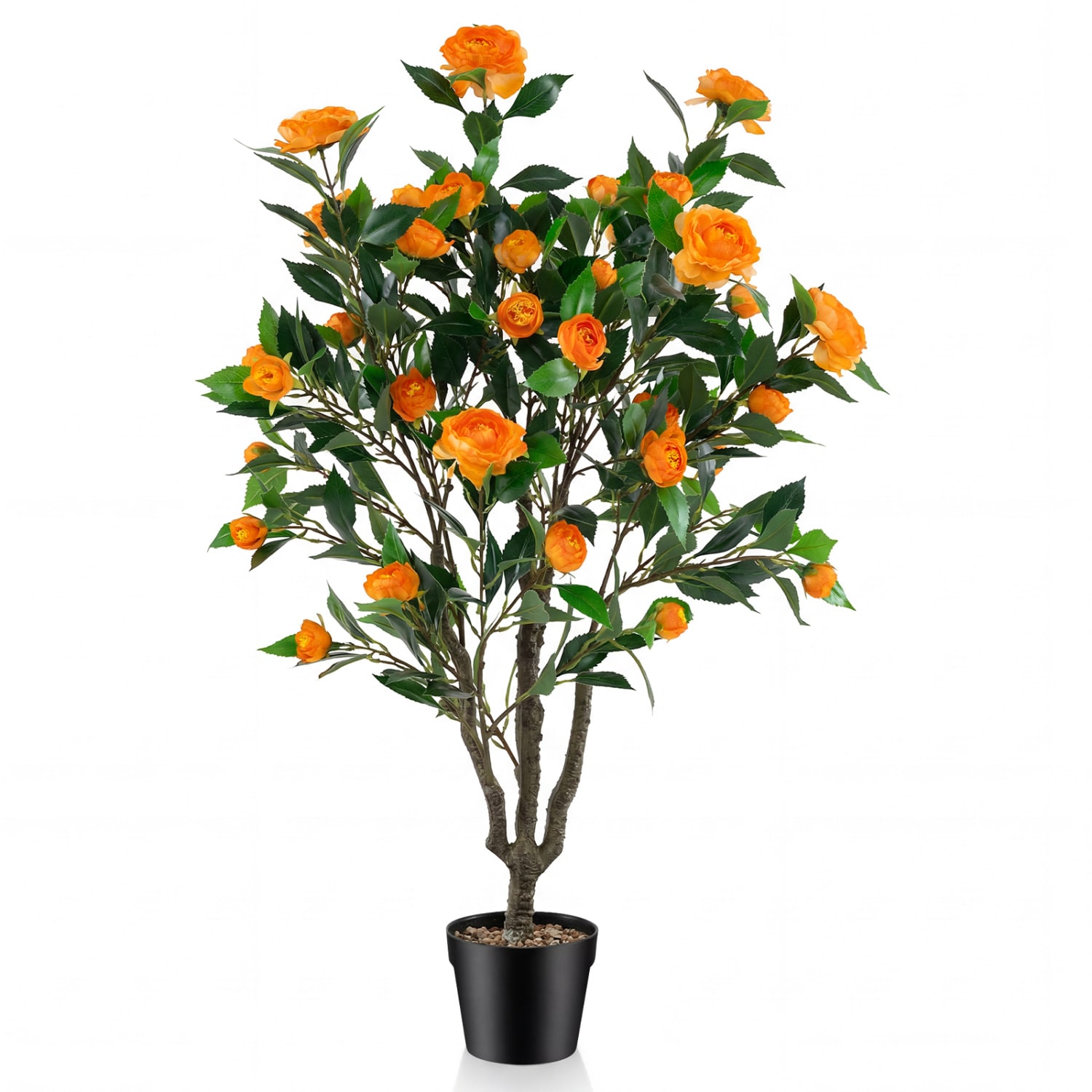 Volenca - 40-in Artificial Orange Camellia Tree Faux Flower Plant with 37 Blooms and River Stones