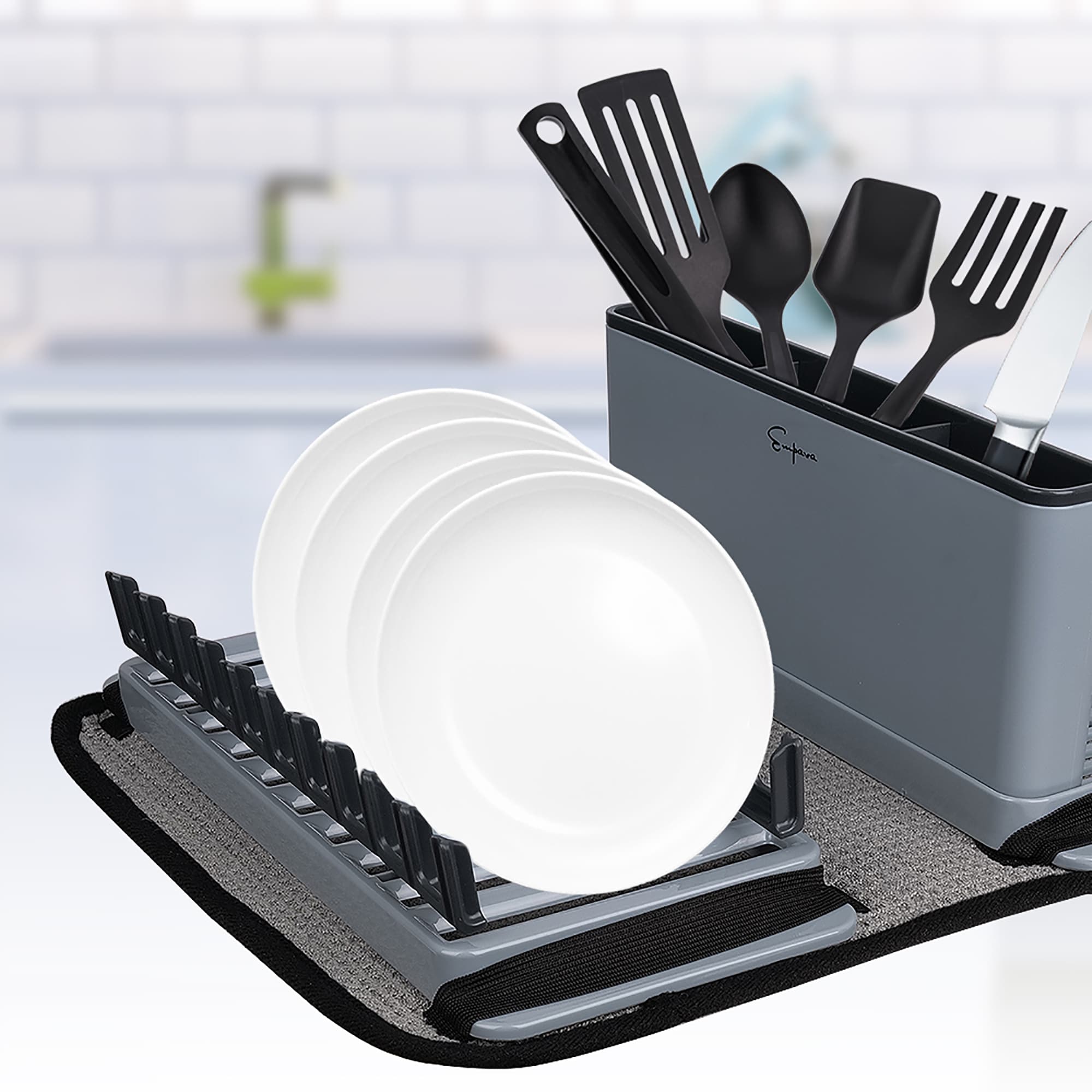 Dish Drying Rack, Small Dish Rack w/ Tray Compact Dish Drainer for