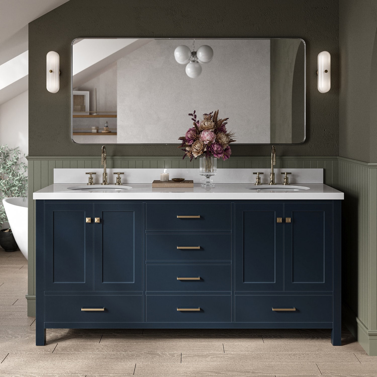 ARIEL A073DWQOVOMNB Cambridge 73-in Midnight Blue Undermount Double sink Bathroom Vanity with Pure White Quartz Quartz Top