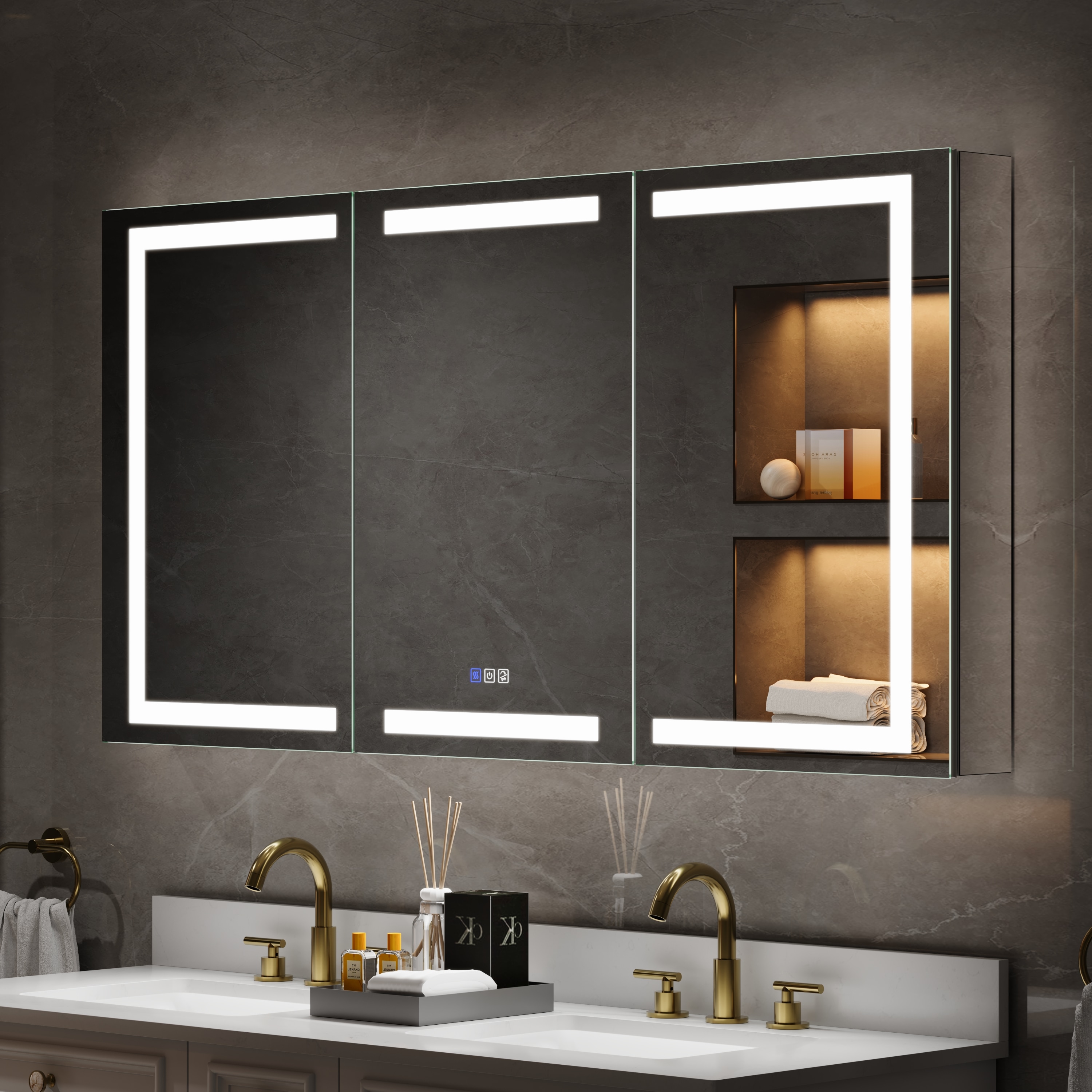 WELLFOR GIZBEG-MB40RL 60-in x 30-in Lighted LED Fog Free Surface/Recessed Mount Aluminum Mirrored Rectangle Soft Close Medicine Cabinet with Outlet