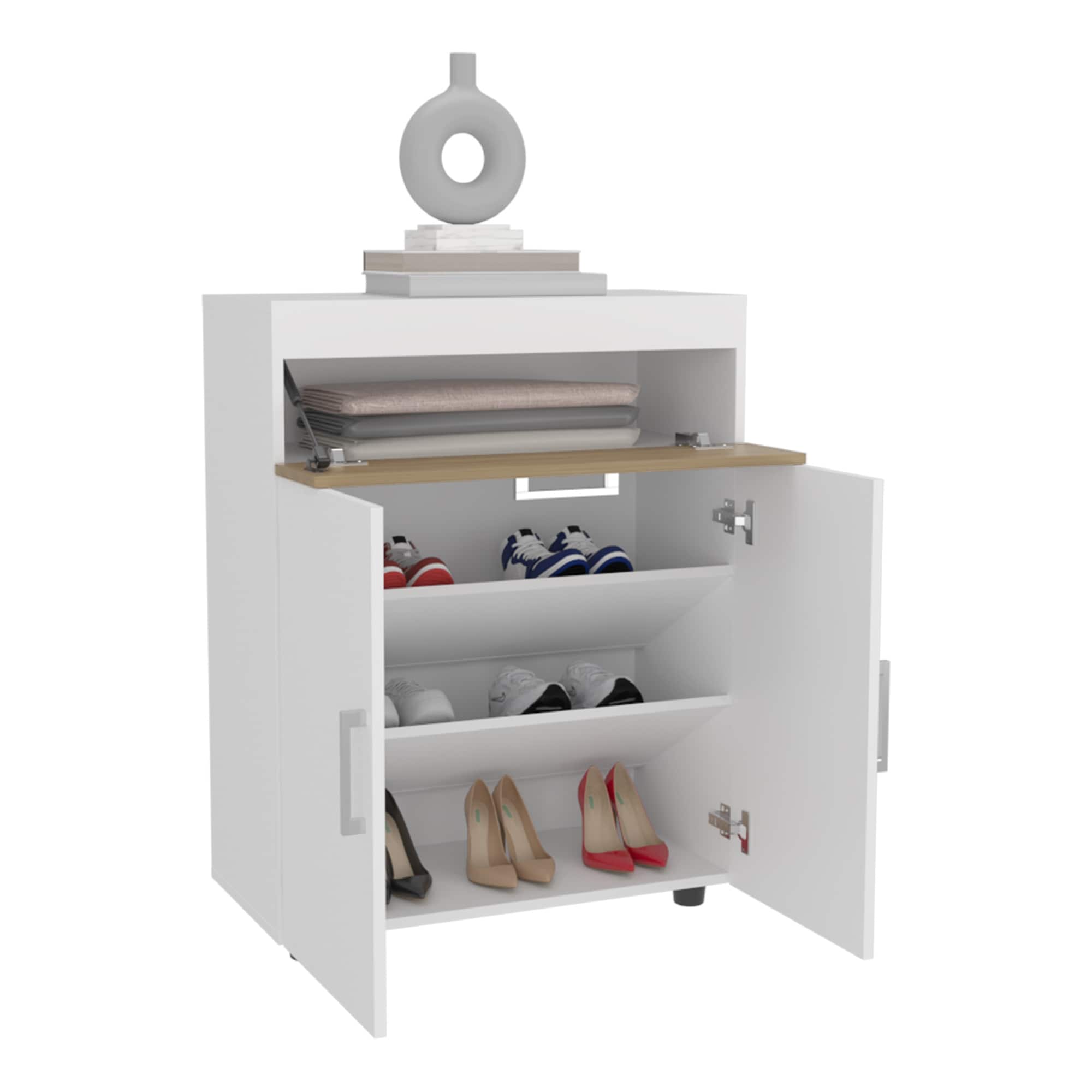 HyperDrop Cart White and Natural Oak Wood Belton Shoe Rack with Double ...