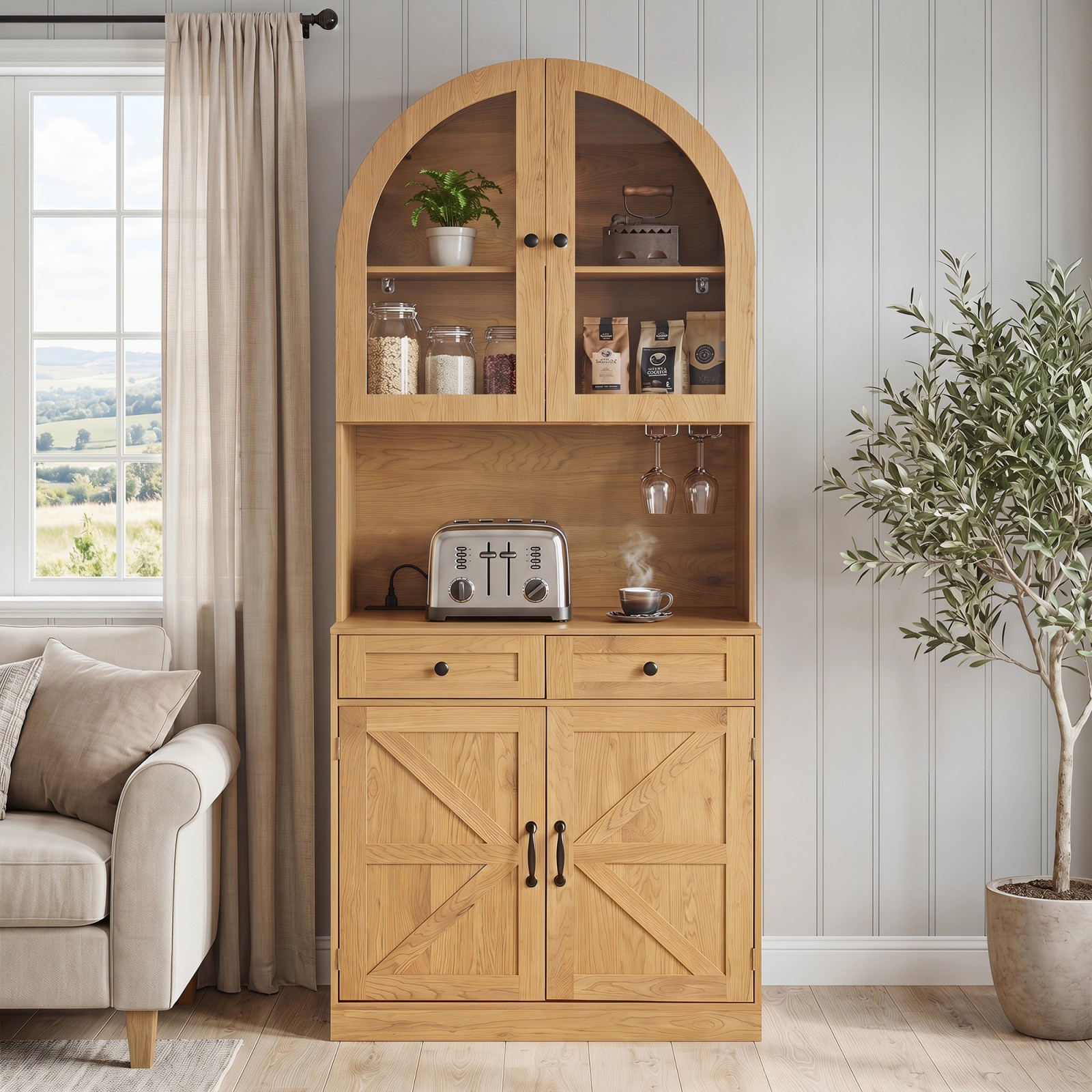 GlasFlength - 75 Inch Farmhouse Tall Arched Pantry Cabinet with Charging Station Adjustable Shel...