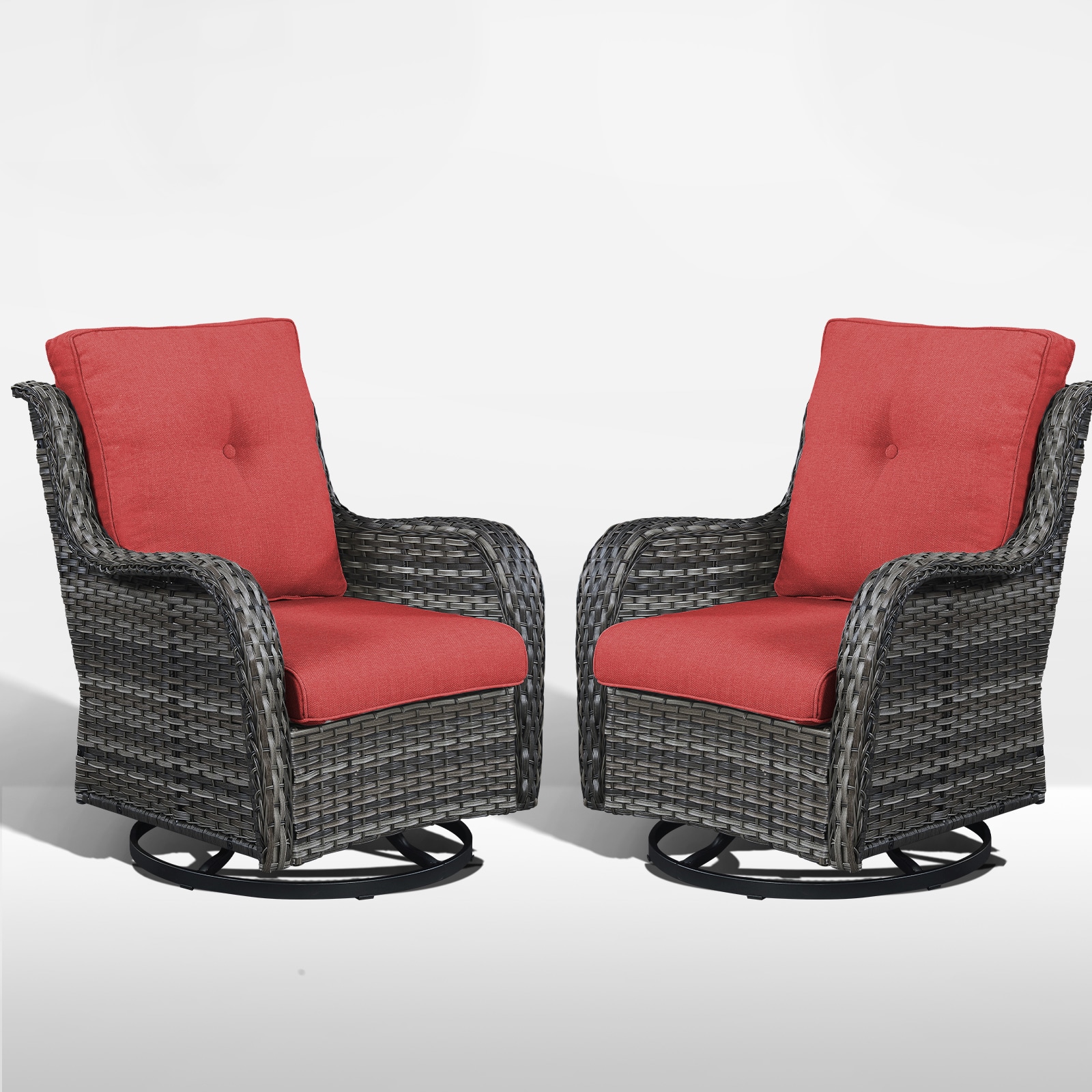 Rilyson FS024-5 Curved handrail Set of 2 Wicker Gray Wicker Frame Swivel glider Conversation Chair with Red Red Cushioned Seat