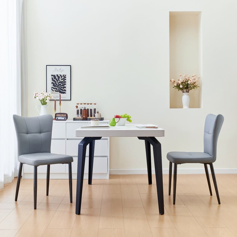 Coolbibila EDEN-DINING-GRAY Set of 2 Gray PU Leather High Back Dining Chairs with Iron Frame and Cushions for Modern Kitchen