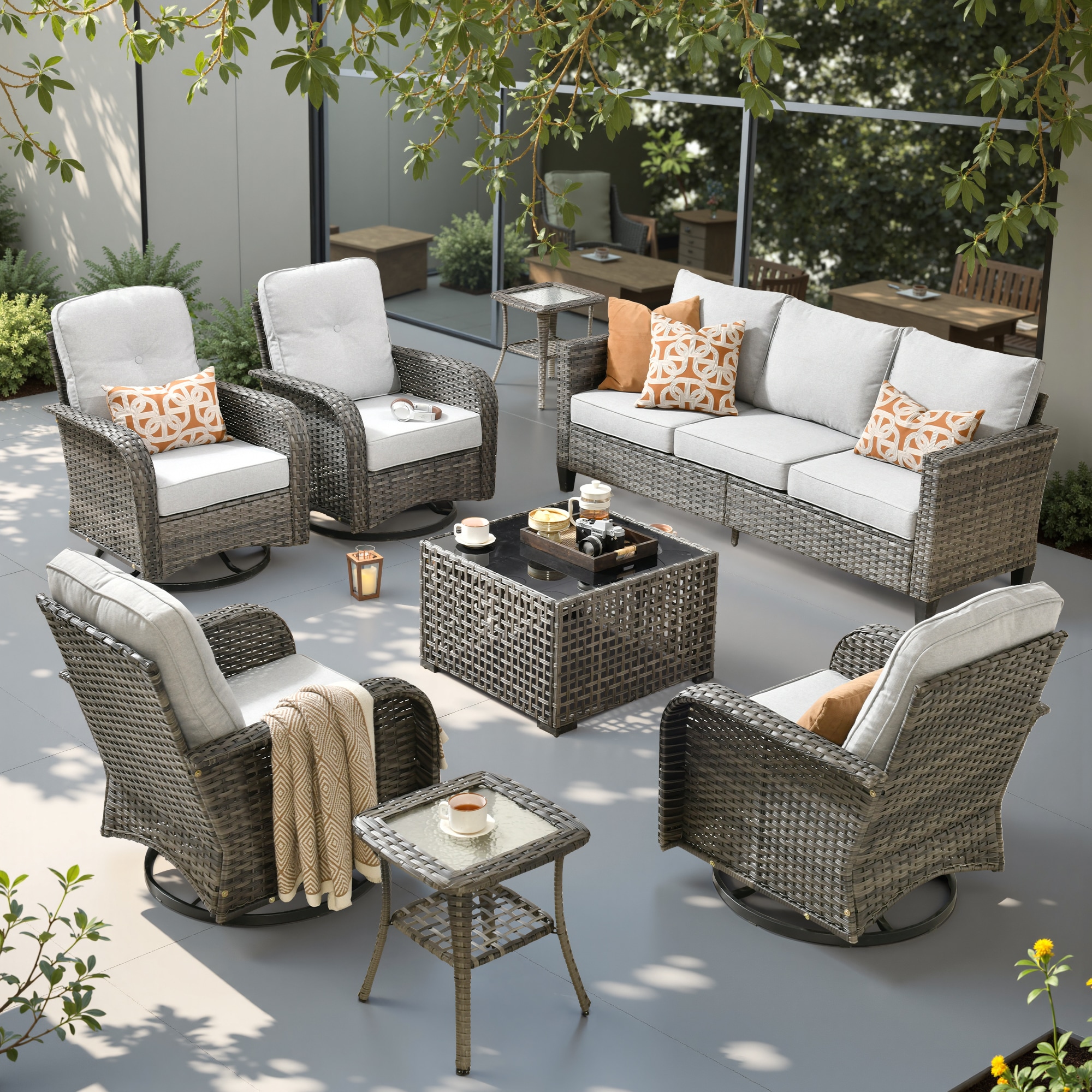 weaxty HMBYZGNCNGRS708S1 Initial 8 -Piece Wicker Patio Sofa Conversation Set with Gray Cushions